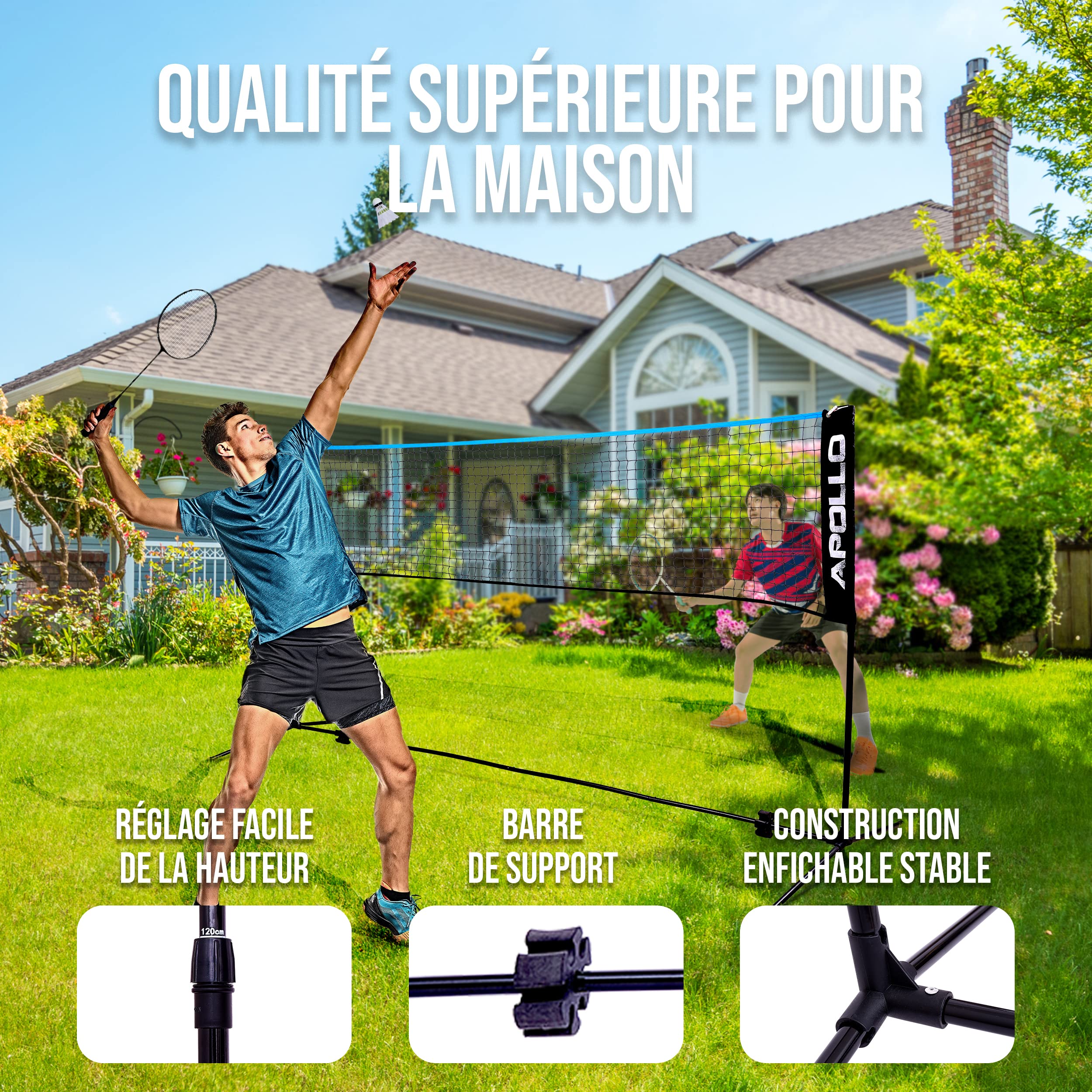 Apollo Filet Badminton | Filet de Volley Ball | 300cm | 400cm | 500 cm | Filet de Badminton Réglable, Set avec Filet de Sport, 3 Volants, Support en Acier, Sac de Transport, Intérieur et Extérieur