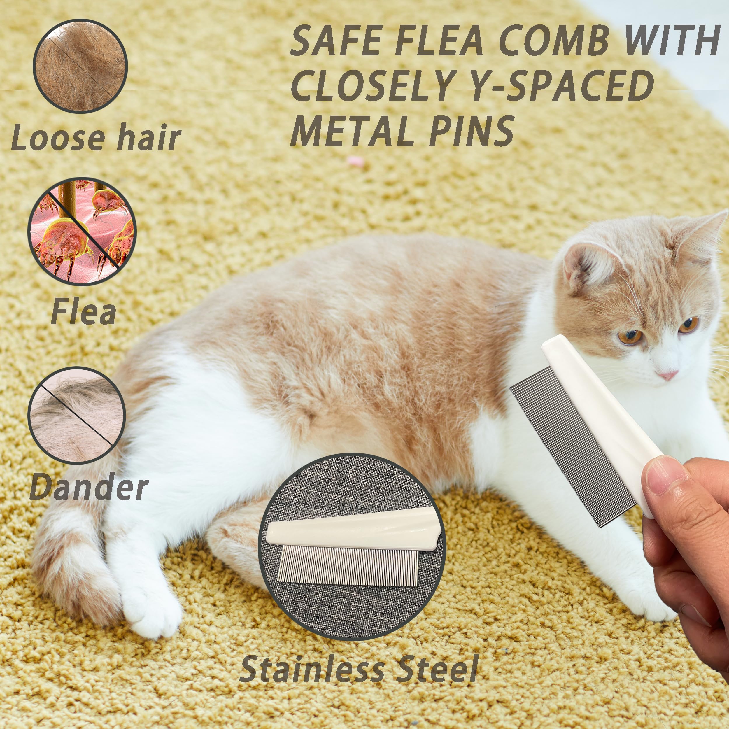 Kit de 6 herramientas de aseo para gatos, desenredado y desenredado para pelo largo y corto, cepillo de limpieza automática con peine de pulgas 6 en 1 para gatos y gatitos (blanco)