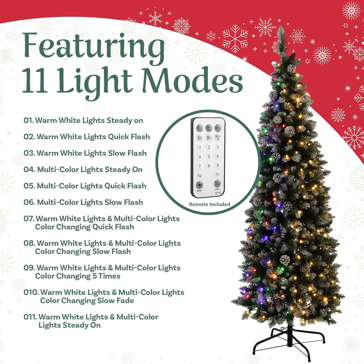 Elf Stor 6ft Prelit Pencil Christmas Tree - Flocked Spruce Tree with Stand