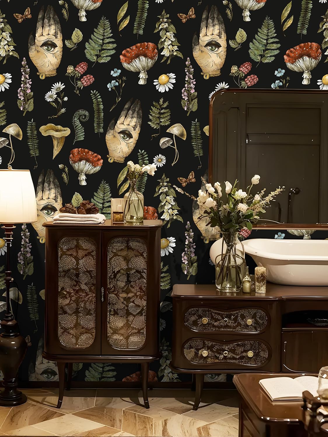 Black Floral Wallpaper Gothic Peel and Stick Wallpaper for Bathroom Renter Friendly Vintage Floral Wallpapers Textured Black Contact Paper for Cabinet Wall Art 17.5 x 118 in