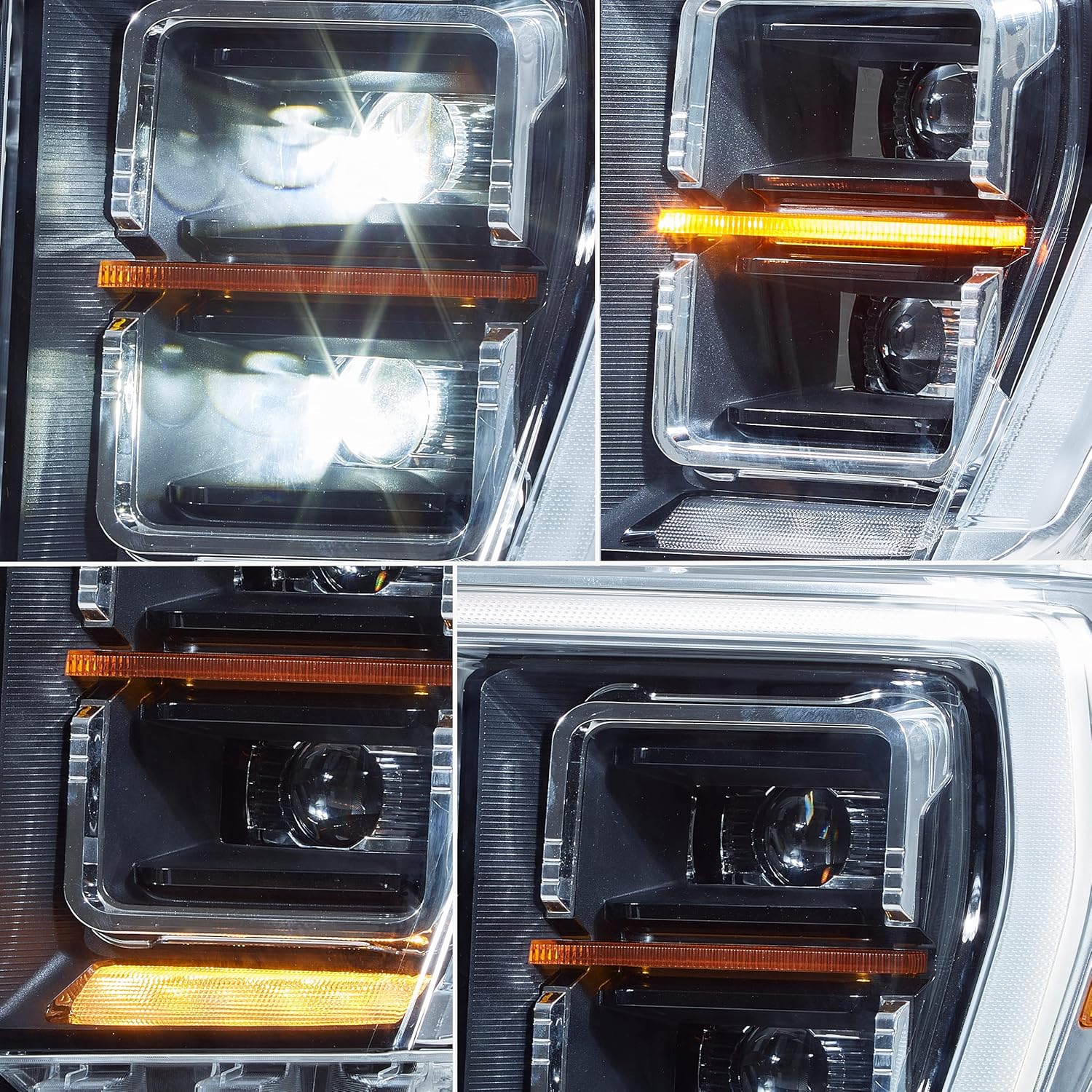 A Ford F-150 headlight assembly is shown in different modes.
