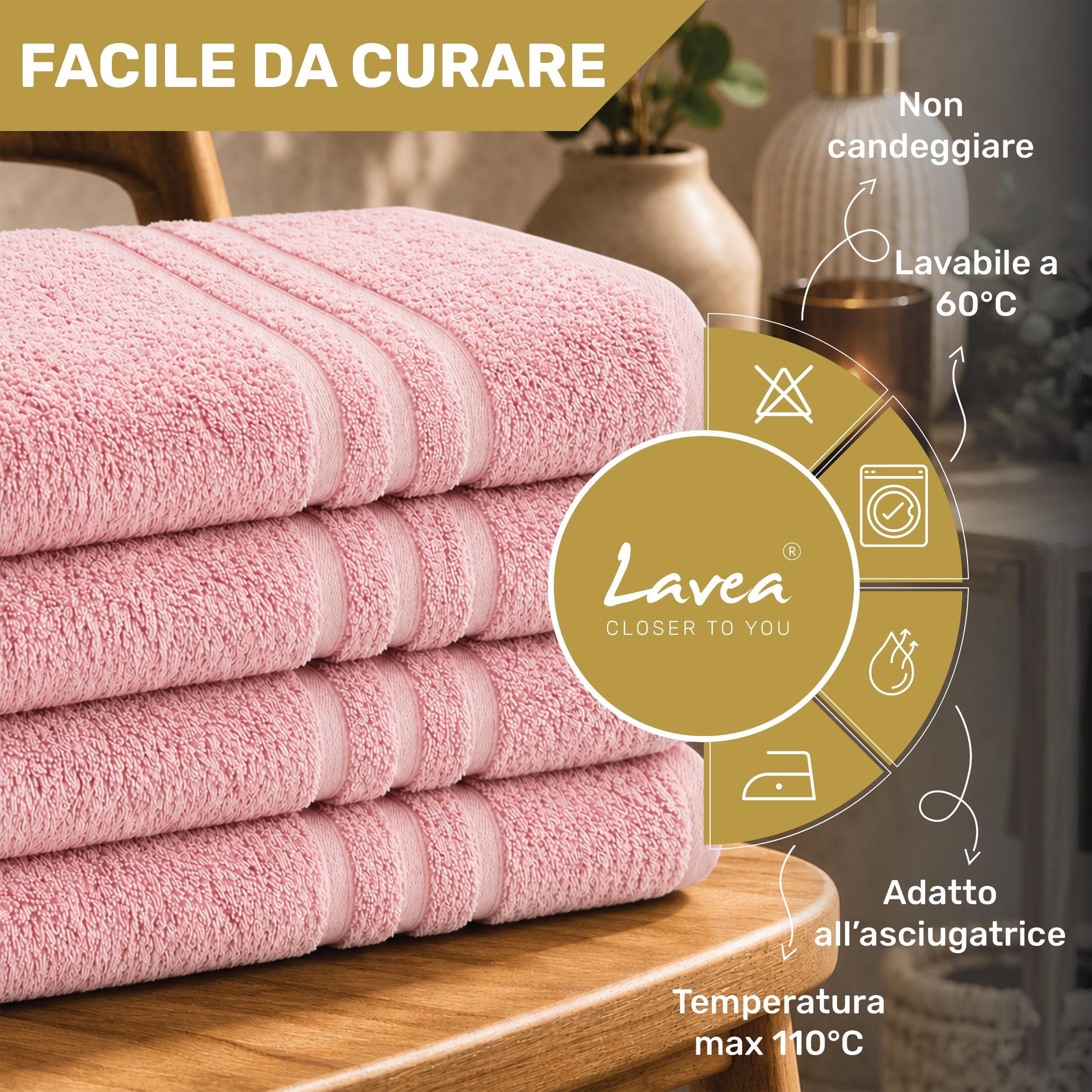 Lavea® Asciugamani Viso 50x100 cm – Set da 4 in Spugna di Cotone 100% Morbidi e Assorbenti – Ideali come Asciugamani Bagno e per le Mani per Casa, Hotel e Spa – Rosa pastello