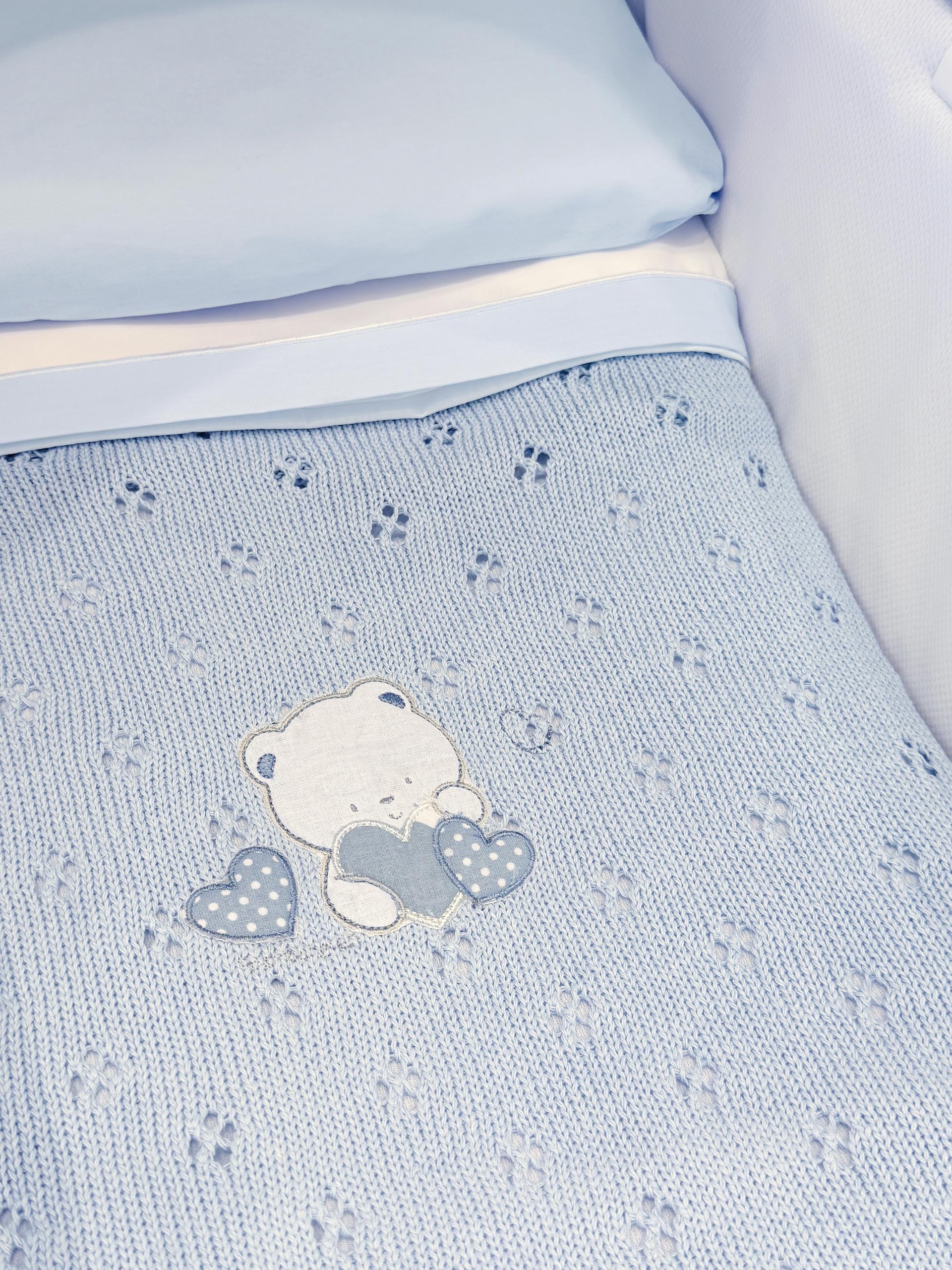 ANDY & HELEN - Coperta estiva in filo di cotone con orsetto per culla e passeggino 75 x 90 cm (azzurro)