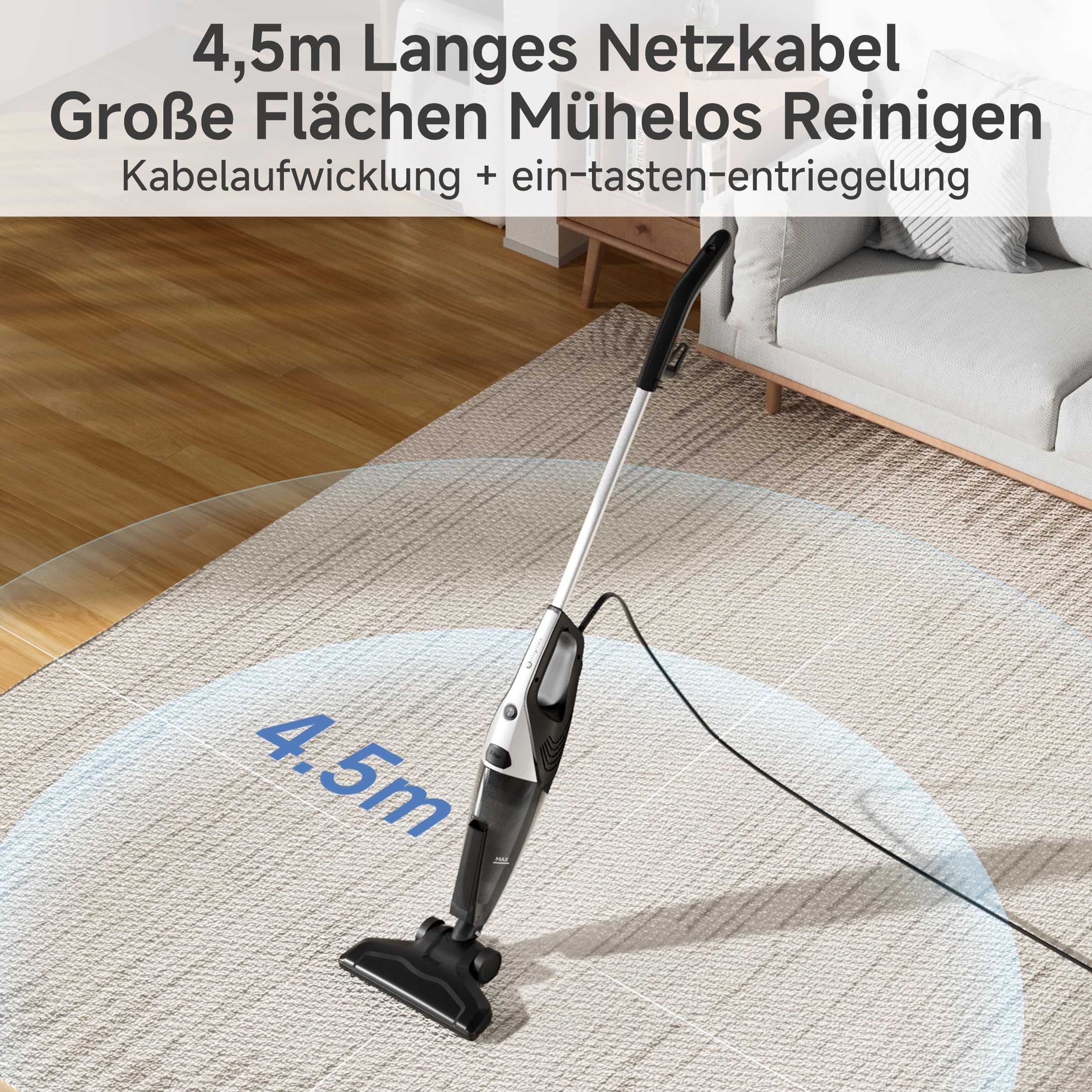 SIMPLUS Stielstaubsauger mit Kabel 600W, 2-in-1 Handstaubsauger, 22KPa Saugleistung, HEPA Filter, 1L Staubbehälter, leicht 1,76kg, für Hartboden & Teppich