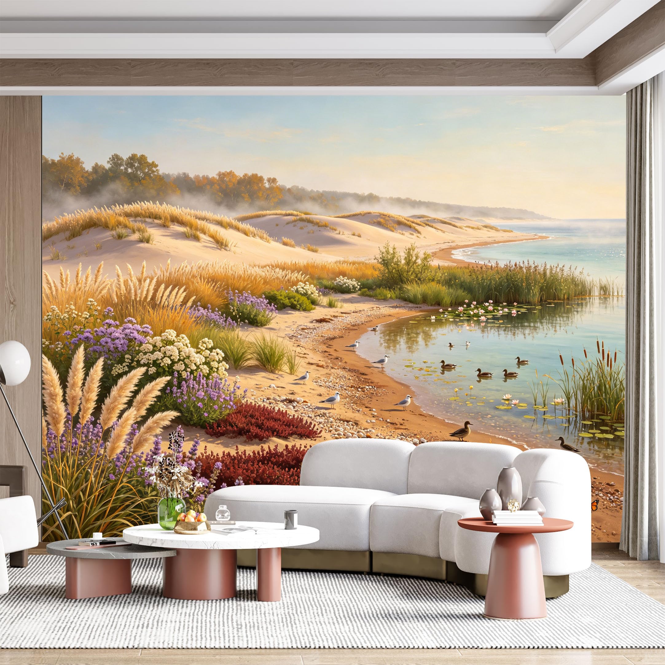 Custom Size Wall Mural Coastal Seascape Sandy Beach Water Lilies Ducks and Seagulls SelfAdhesive Wall Fabric Removable for Home Office Decor