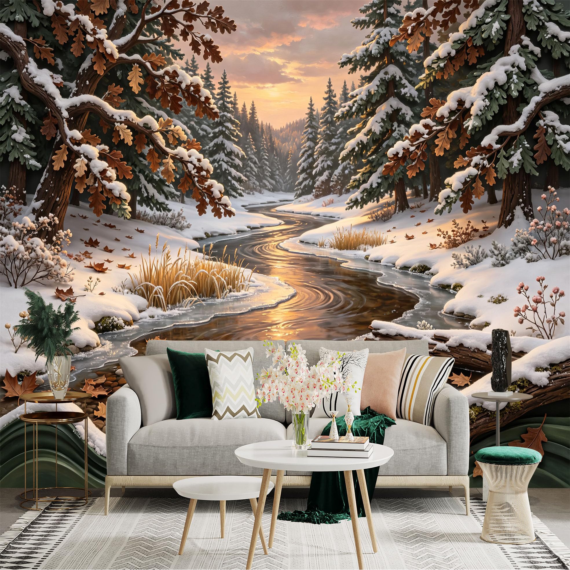 Lnzczhyre Bh260719485 Custom Size Wall Sticker Mural， Snowy Forest Landscape， Winding River At Sunset， Winter Nature Scenery， For Wall Decoration， Peelandstick Wall Decals.
