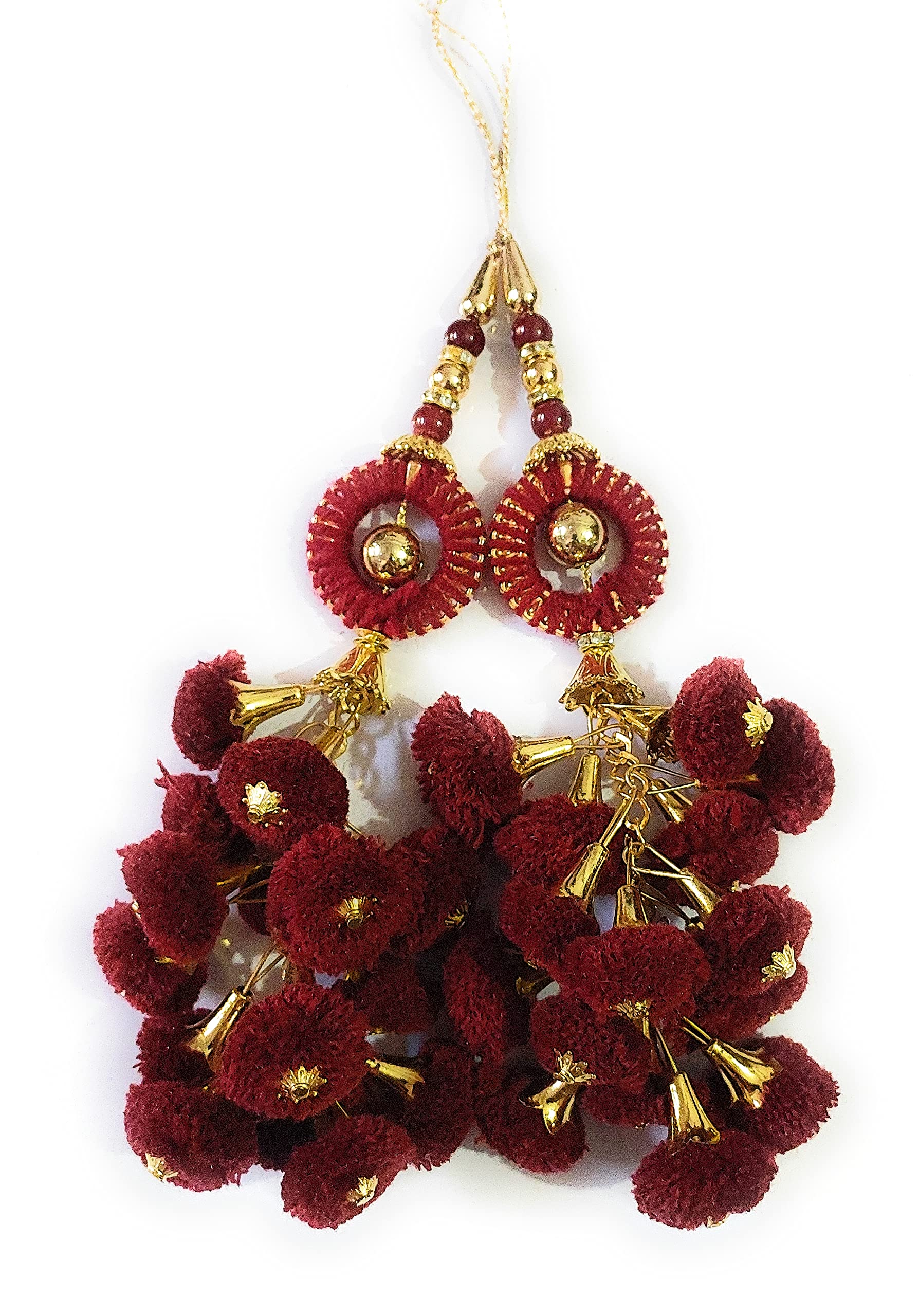 Libas Fashion Women's Metal and Pearls Handmade Work Ethnic Pom Pom Bell Teasel Blouse Saree, Lehenga Hanging Latkan (Maroon, Free Size)-image-16