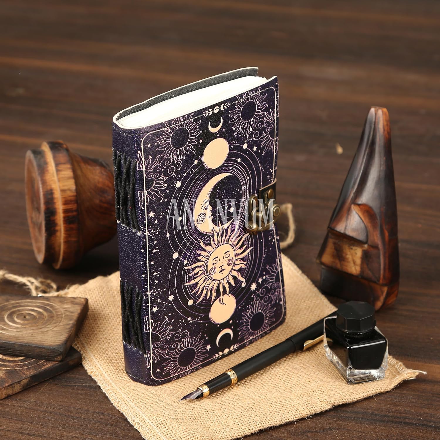 Handmade Leather Journal, Purple, Sun & Moon Vintage Leather Notebook Diary Sketchbook, Brass Clasp Lock Journal for Men & Women, Journal Handmade Unruled 200 Pages, Size 8 (L) x 6 (W) inches
