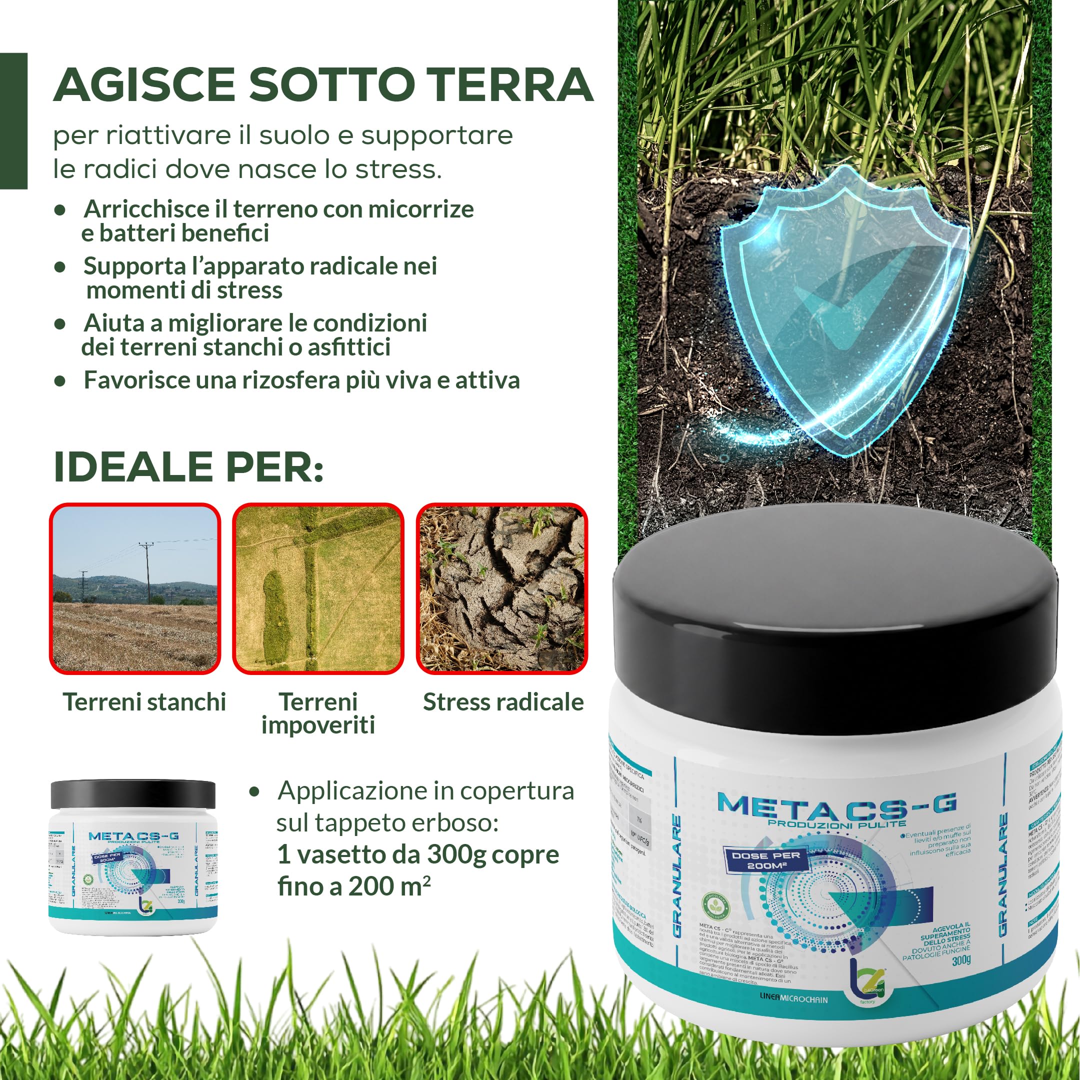 B4Green Meta CS-G Granulare 300g per 200m² – Micorrize per Piante e Micorrize in Polvere, Biostimolante Naturale del Suolo per Prato Orto e Giardino, Radici Forti e Tappeto Erboso Sano