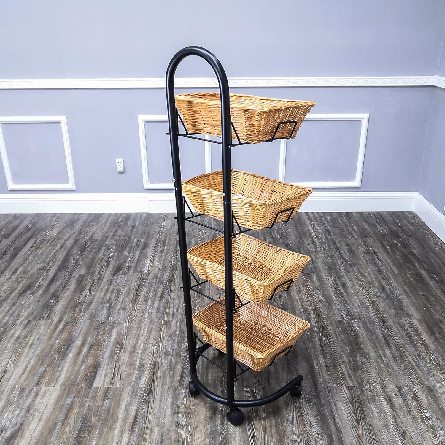 FixtureDisplays® Rolling Wicker Basket Display 4 Tier Market Merchandiser Stand Kitchen Pantry Organizer on Wheels 120009