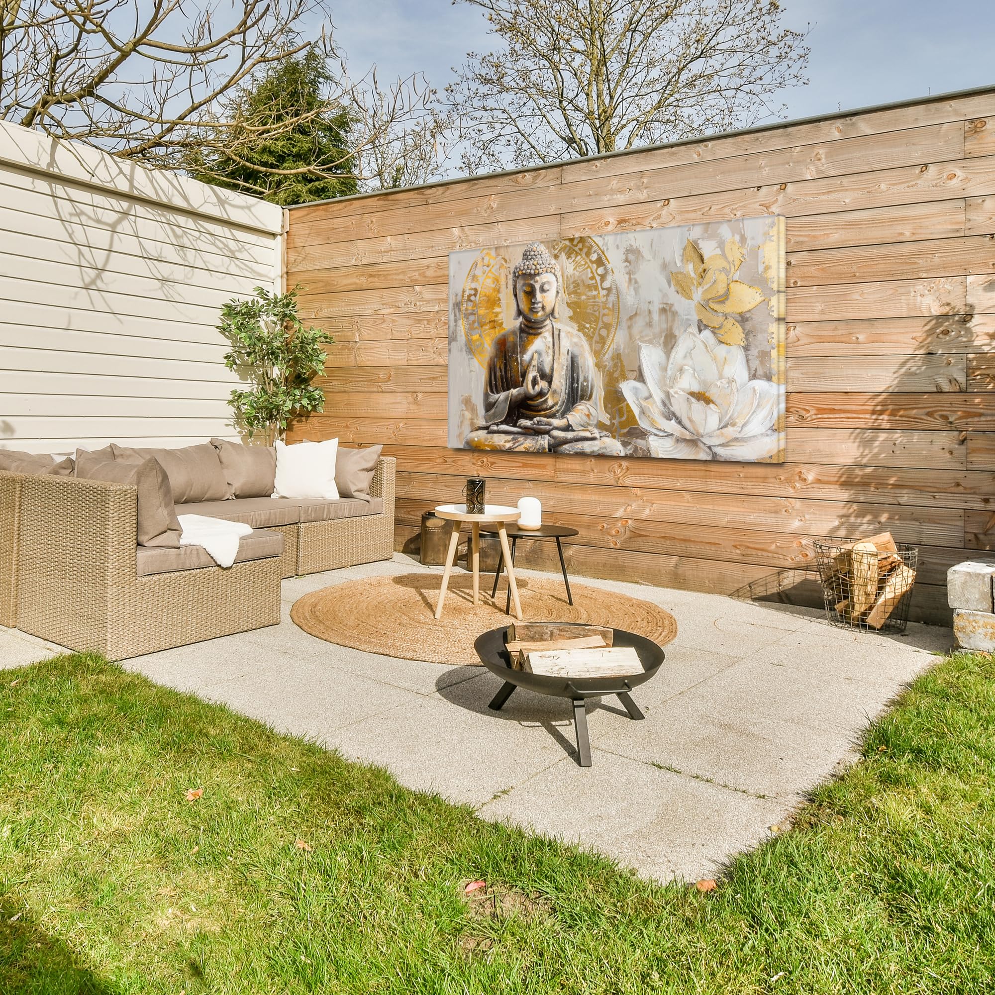 Gartenbild 150x100 cm Outdoor Deko Garten Leinwand Modern Wandbild Wetterfest Kunstdruck Terrasse Geschenke Draußen Buddha - Blume - Lotus - Spiritualität