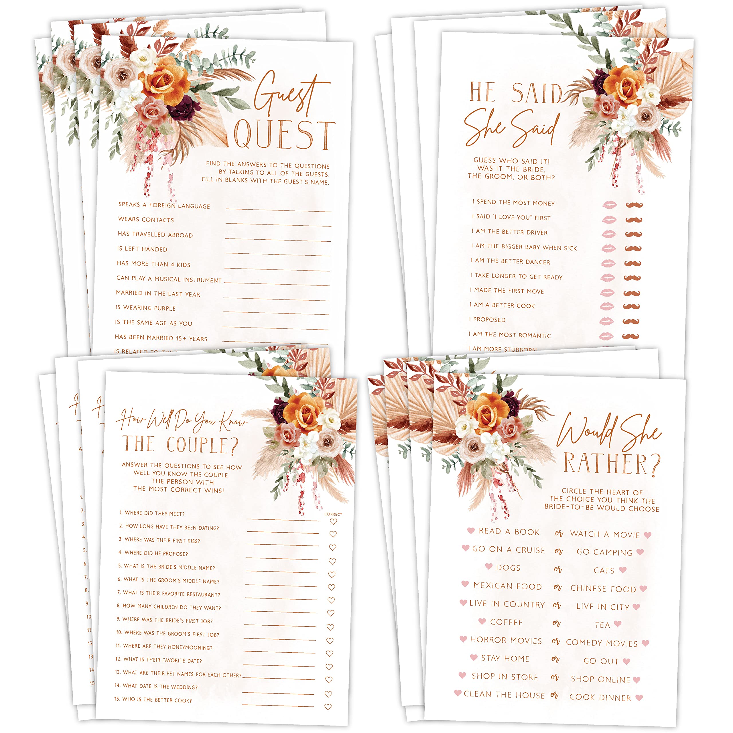 Would She Rather? Bridal Shower Game Cards – 30 Fun Wedding Party Games With Wildflower Design