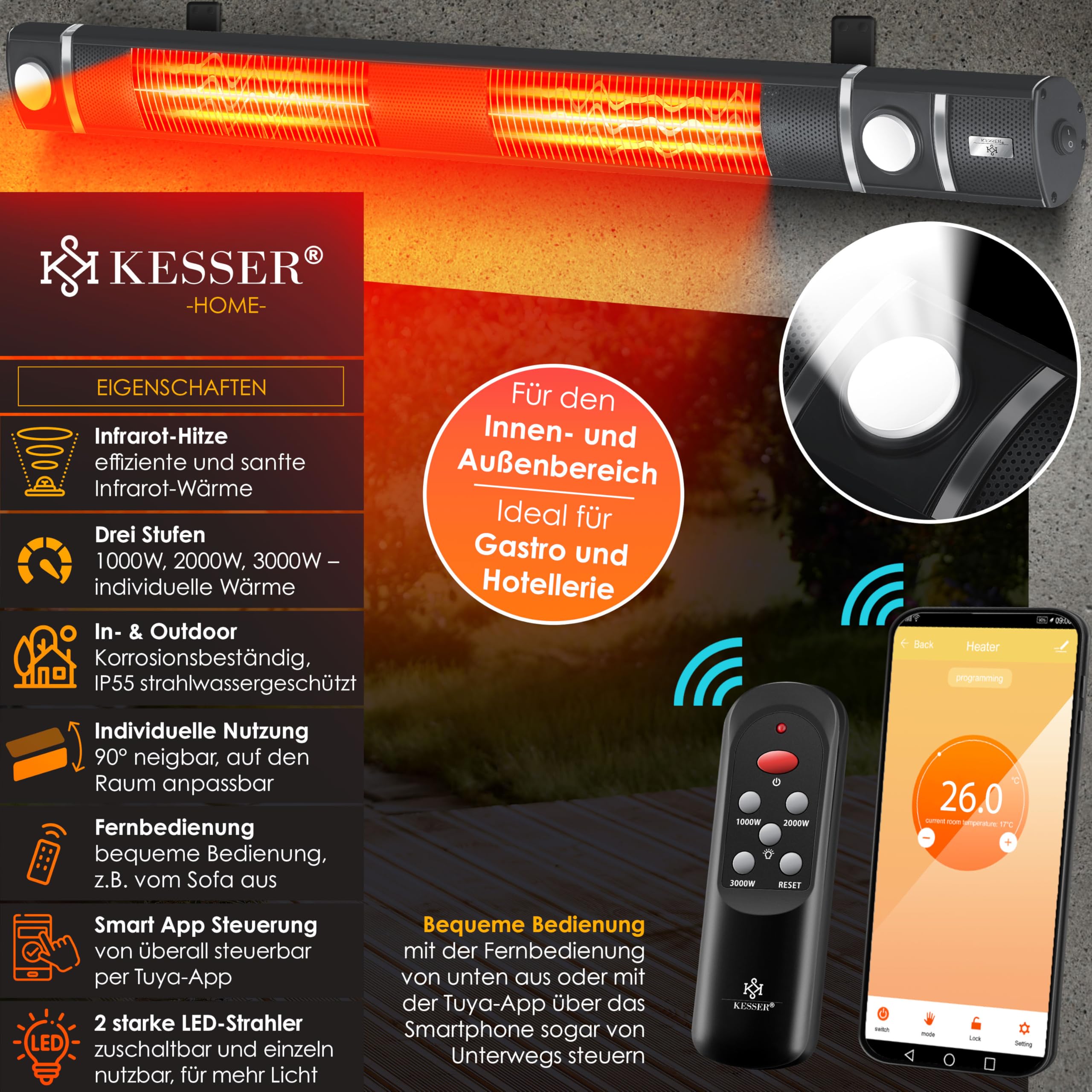 KESSER Stufa a infrarossi, 3000 W, con luce a LED e telecomando, con custodia protettiva a infrarossi, riscaldatore a infrarossi, riscaldatore da parete