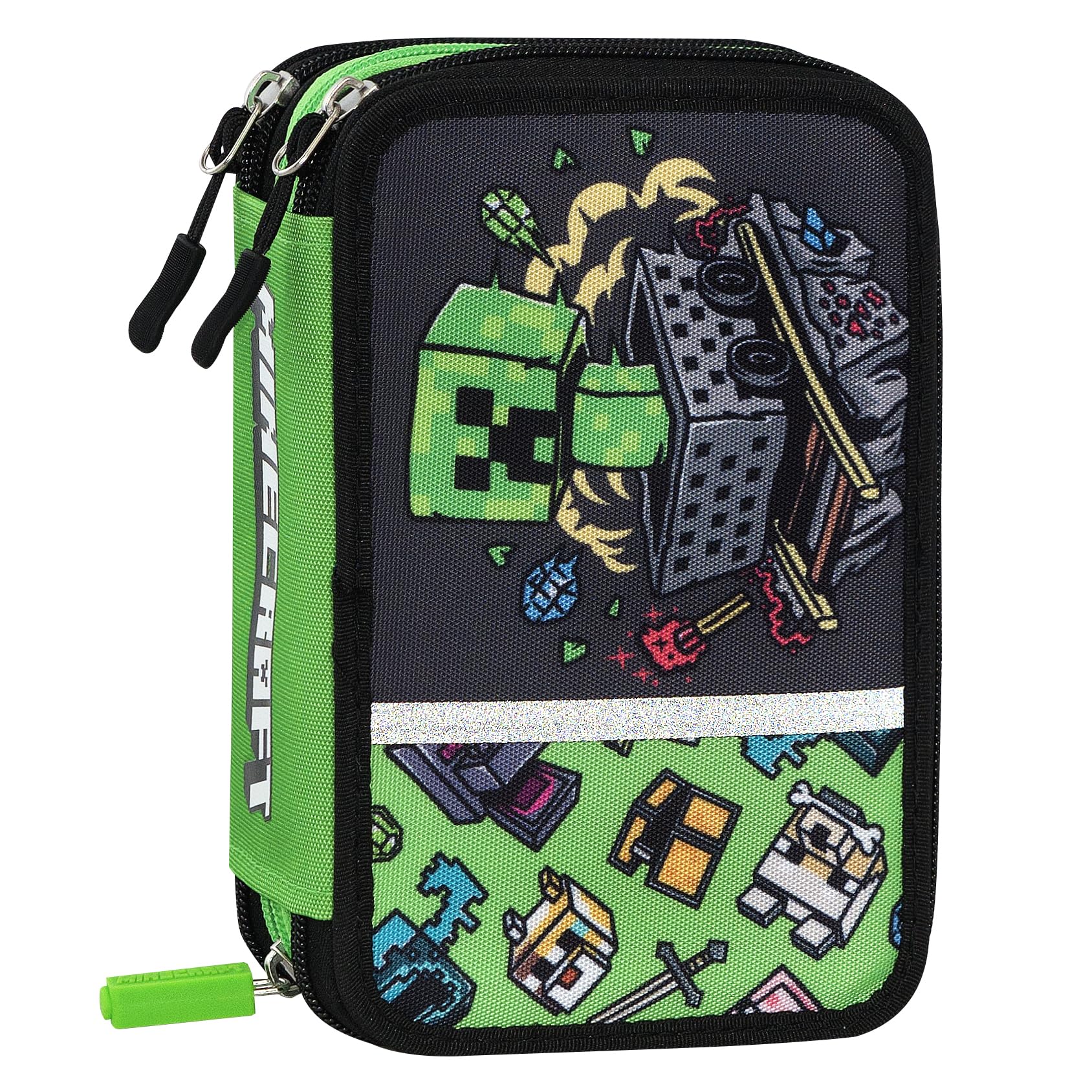 Minecraft – Estuche Escolar Oficial Minecraft, Estuche con 3 Compartimentos para niños y jóvenes con Juego de papelería Incluido, 5 Etiquetas Adhesivas portanombre y práctico Cierre de Cremallera, 13