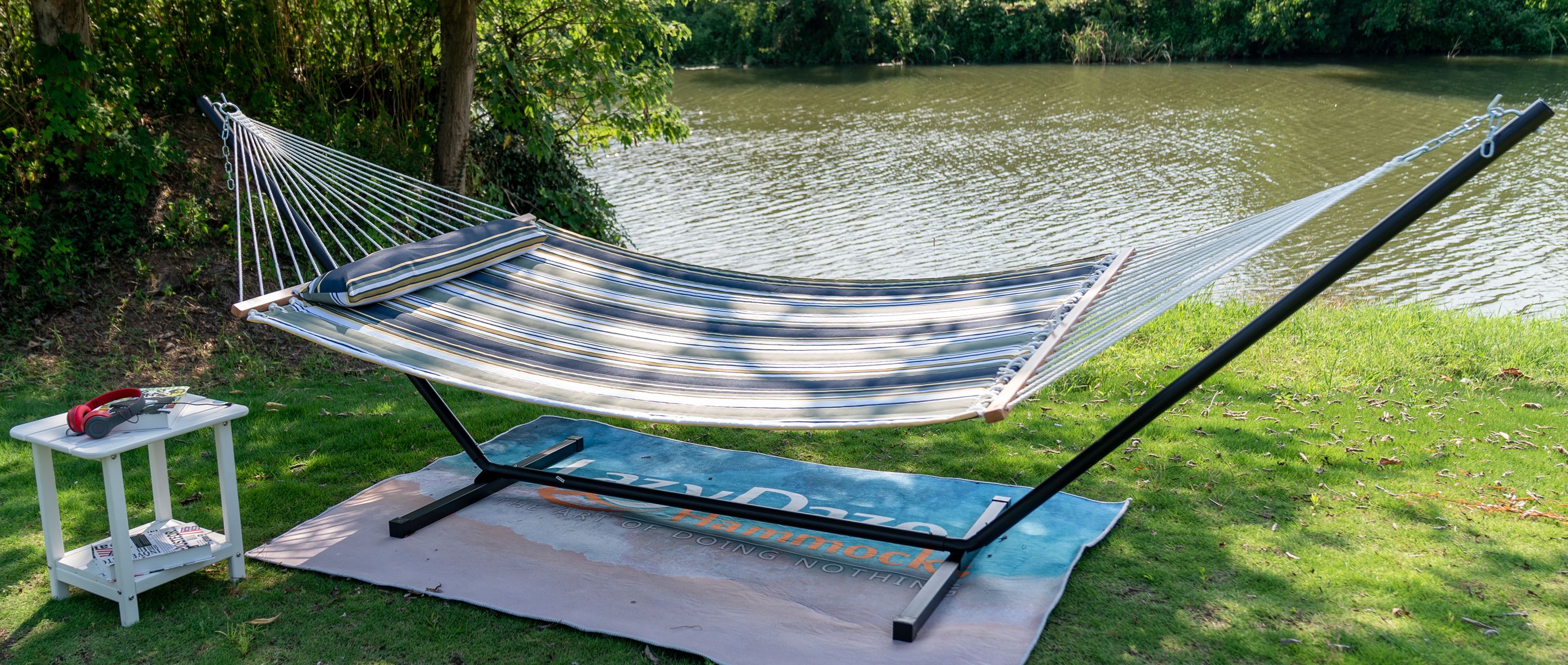 Lazy Daze Double Quilted Hammock with Carabiners & Soft Pillow for Outside