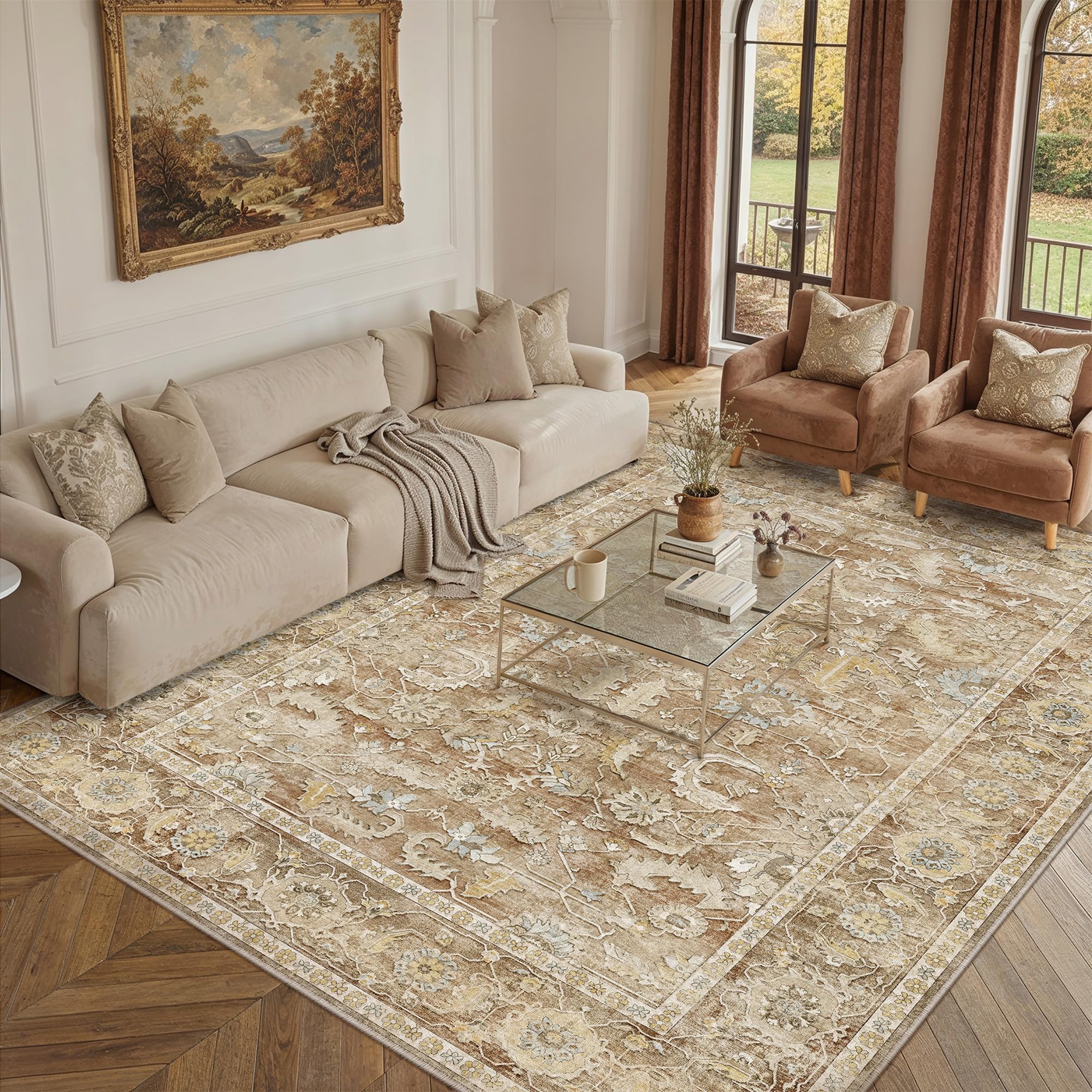 Photo 1 of Berthmeer 6x9 Area Rug for Living Room Washable 6x9 Rug Non-Slip Vintage Distressed Print Rug for Bedroom, Ultra-Thin Indoor Carpet for Home Decor Office Beige
