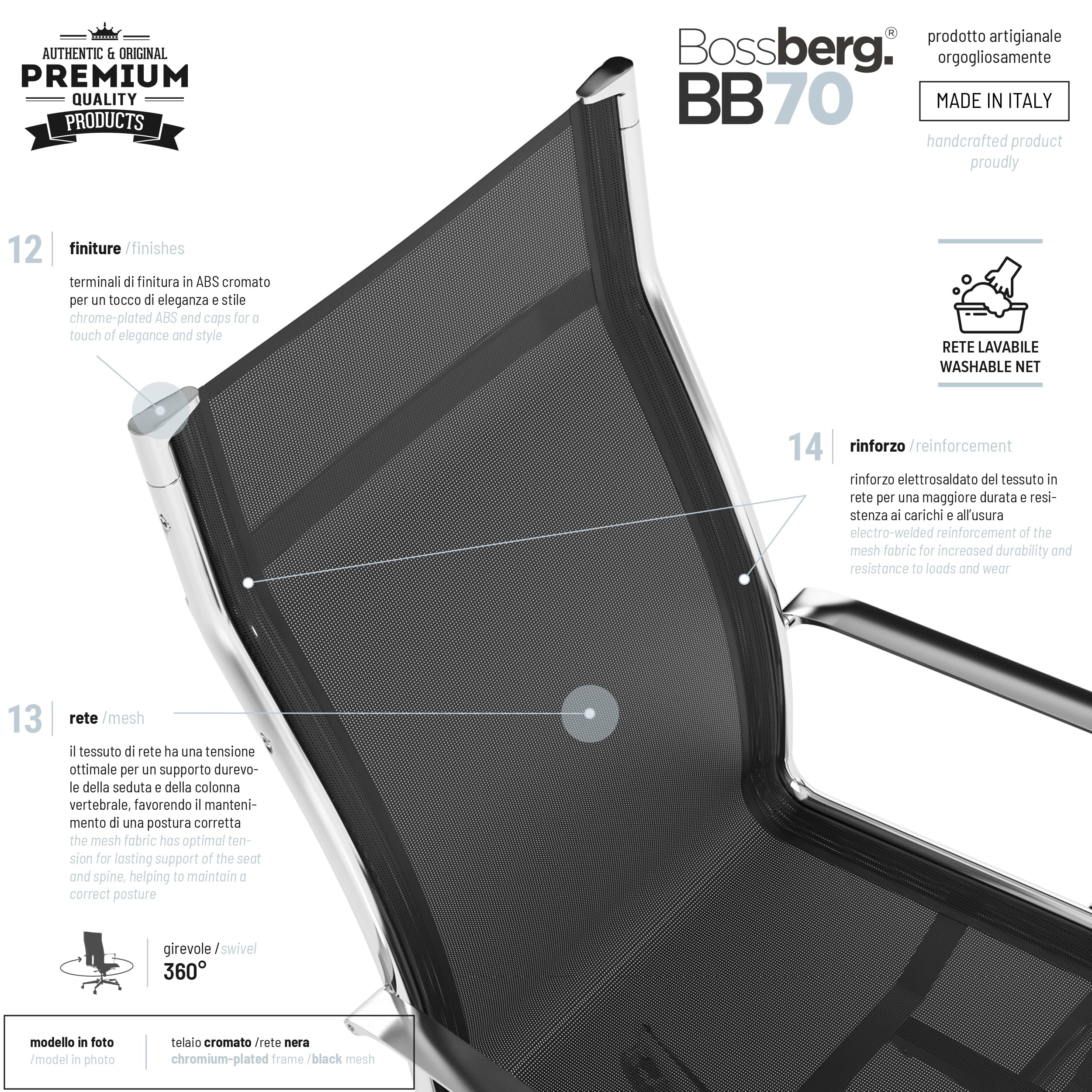 Bossberg BB70 Sedia Ufficio Ergonomica Direzionale con Schienale Alto, Poltrona di Design in Rete Traspirante e Acciaio con Supporto Lombare per Studio Professionale - Cromata Nera