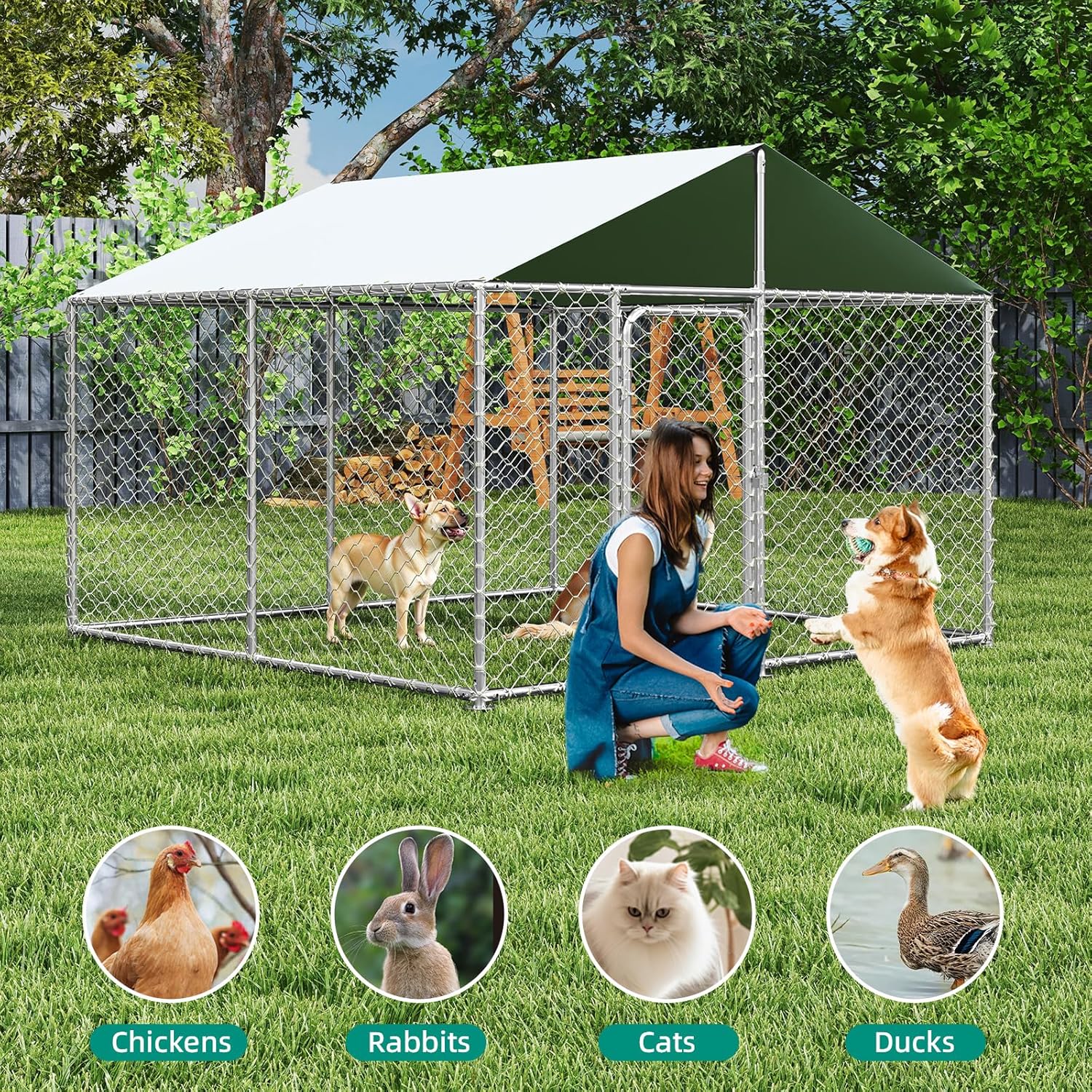 7.8x7.8FT Heavy Duty Outdoor Dog Kennel with Waterproof & UV-Resistant Roof, Secure Locking Mechanism – All-Weather Metal Enclosure for Large Dogs (93x93x63 Inches)