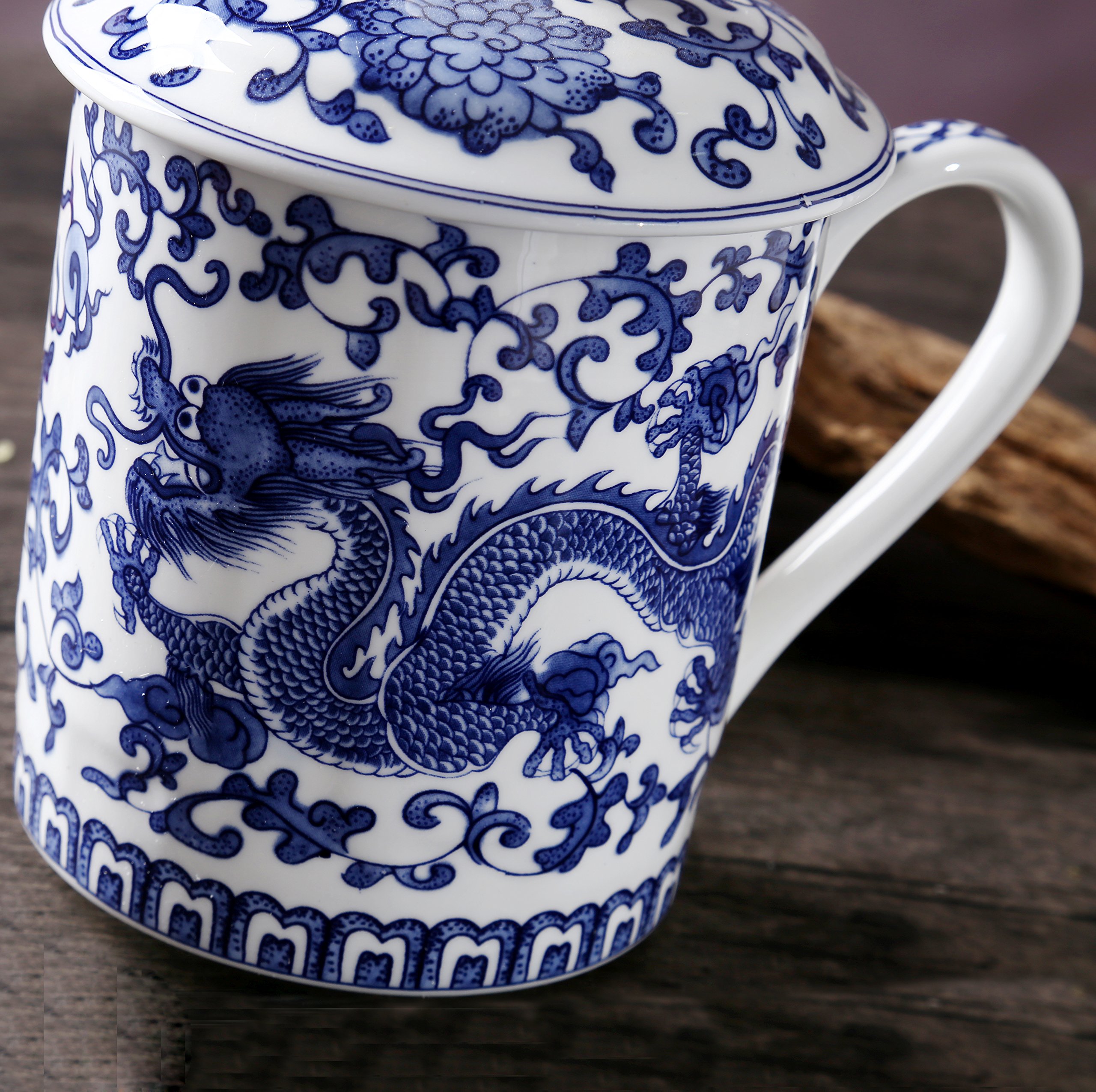 Tasse À Thé Bleue Dragon Peinte À la Main, Jingdezhen Tasse À Thé en Porcelaine Bleue et Blanche avec Couvercle, pour Cadeau, Ménage, Bureau, 500Ml
