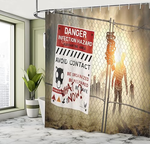 Miniatura 4 de Ambesonne Cortina de ducha de zombi, hombre muerto caminando en peligro oscuro, escena de terror, imagen de infección de Halloween, juego de
