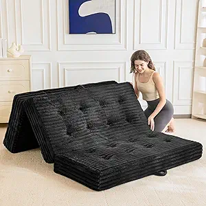 MAXYOYO Folding Mattress with Handles, 6 Inch Tri-Fold Mattress Floor Sofa Bed, Soft Faux Fur Folding Bed with Supportive Foam Filling, Portable Guest Couch for Sleeping, Queen, Black