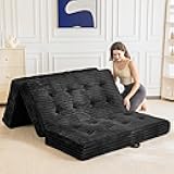 MAXYOYO Folding Mattress with Handles, 6 Inch Tri-Fold Mattress Floor Sofa Bed, Soft Faux Fur Folding Bed with Supportive Foam Filling, Portable Guest Couch for Sleeping, Twin, Black