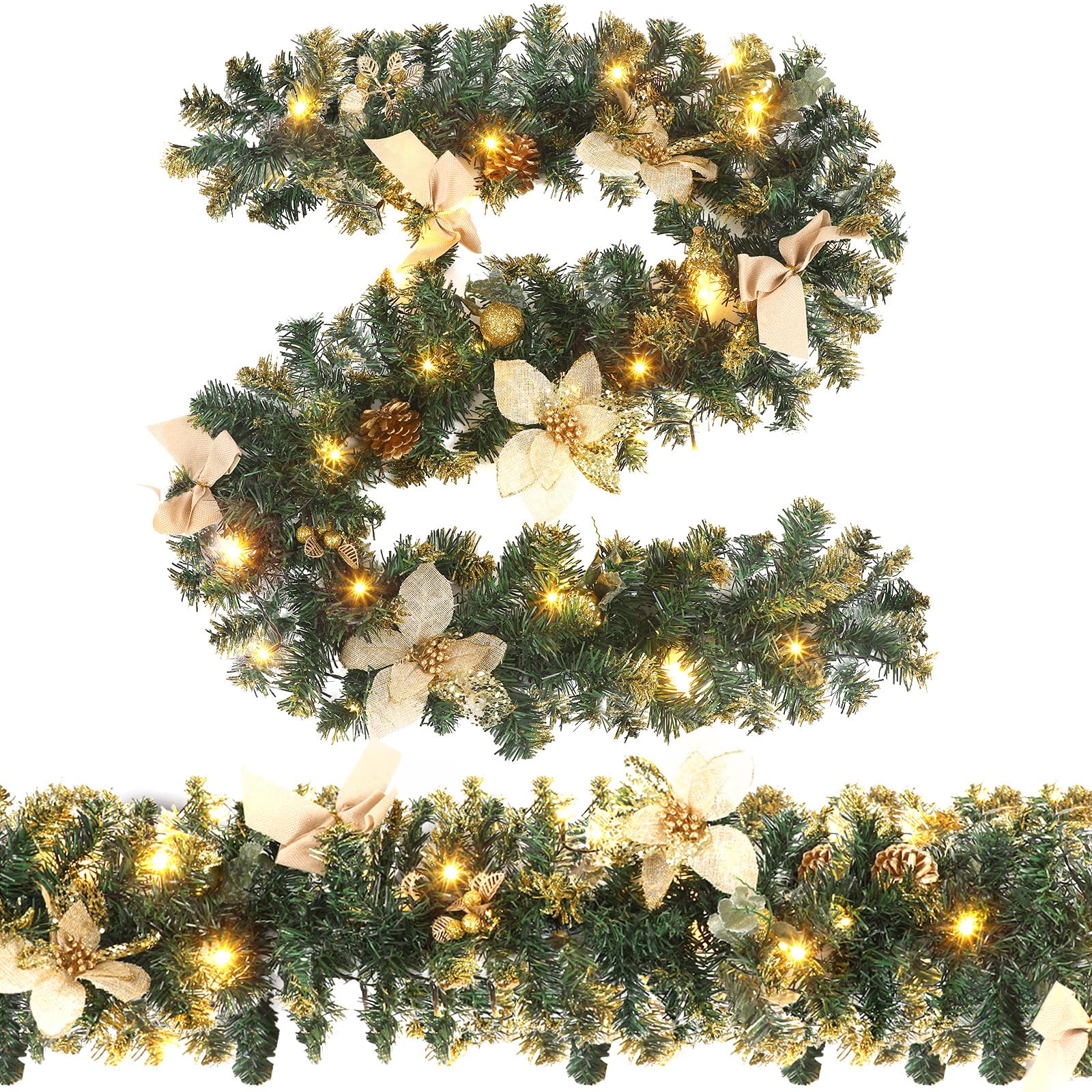 Ceenna Lot de 2 guirlandes de Noël artificielles pré-éclairées de 1,8 m avec lumières - Guirlande de Noël avec baies de pin - Décoration de cheminée pour cheminée - Pour intérieur et extérieur - Pomme