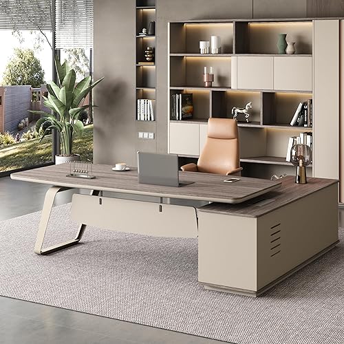 79-Inch Modern Executive L-Shaped Office Desk with 71” Lateral File Cabinet – Spacious Fir Wood Large Executive Desk with Locking Drawer,Ideal for Home Office Furniture and Small Spaces