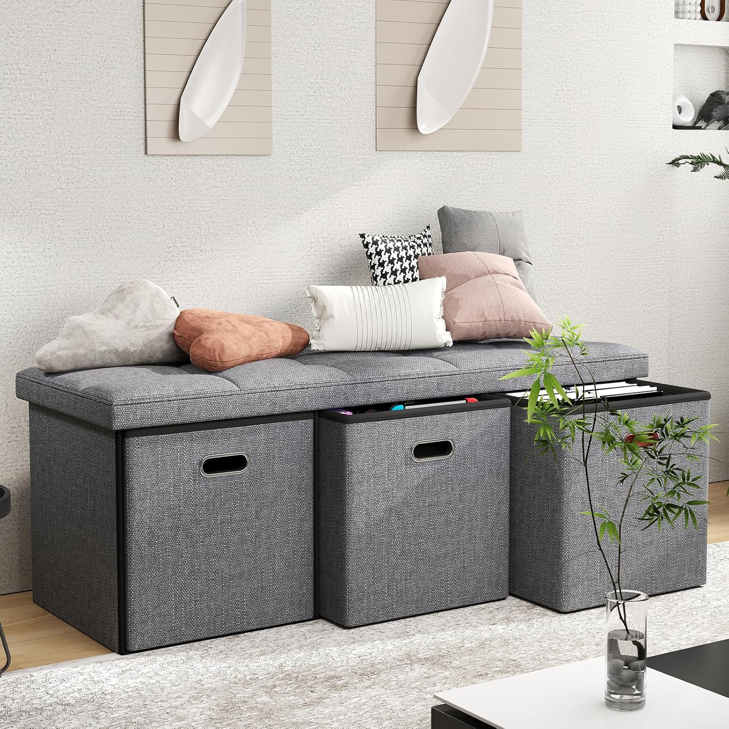 43 Inches Folding Storage Ottoman Bench with Drawers,End of Bed Foot Rest Stool with Padded Seat，Bedroom Bench for Living Room,Bedroom,Support 660lbs,Grey