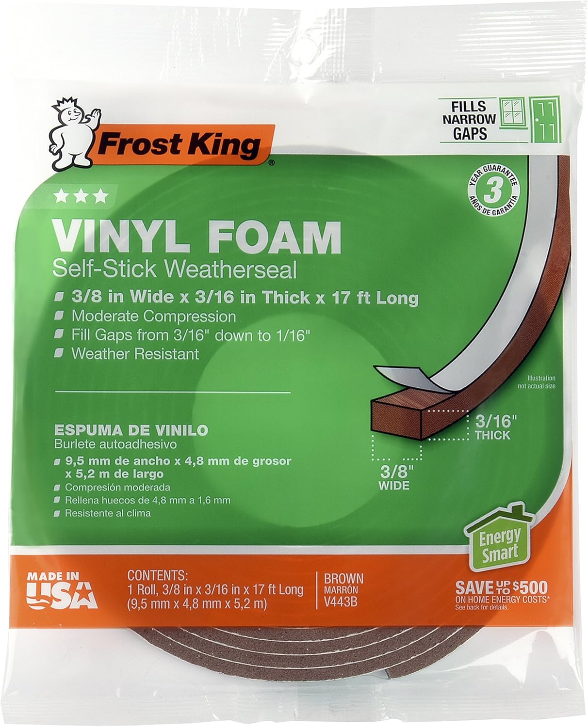 Frost King Vinyl Foam Tape - Closed Cell - Moderate Compression, 3/8" W, 3/16" Thick, 17' L, Brown