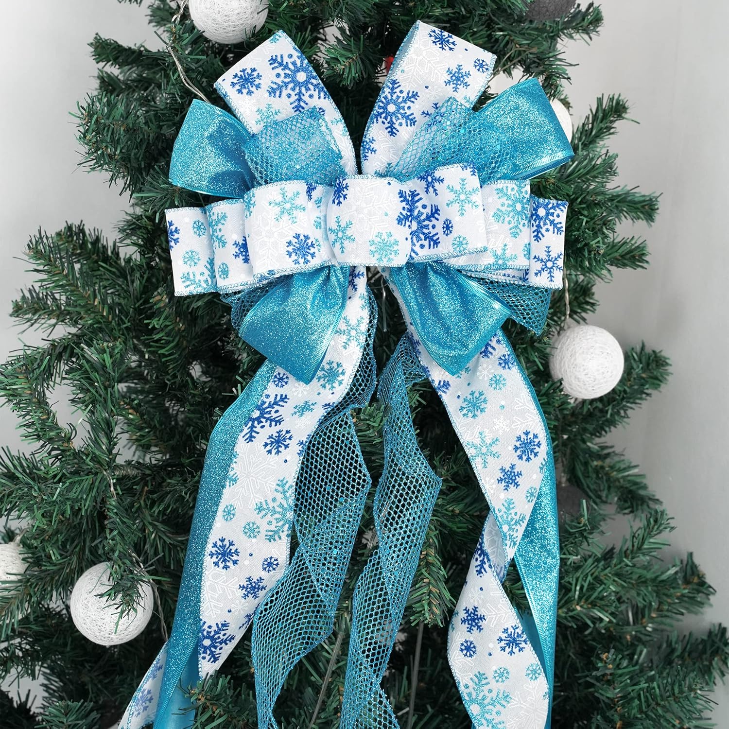 MEEDEE Blue Christmas Tree Topper 12" Wide Glitter Christmas Bows Snowflake Ribbon Bow Blue Tree Topper Bows for Christmas Tree Decorations (1 Pack) - Image 8