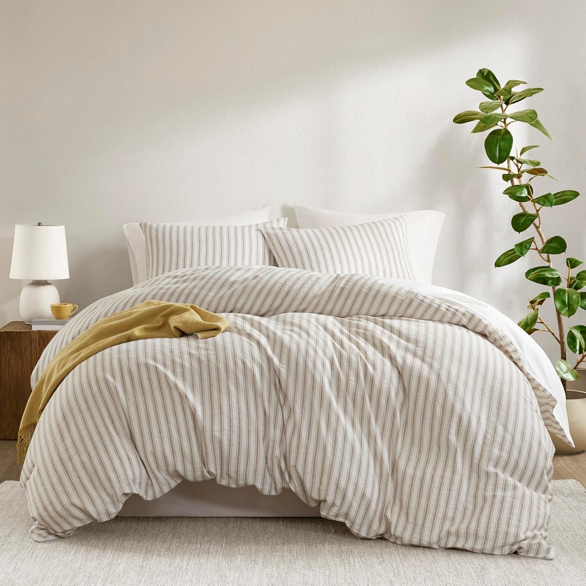 Linen Cotton Rayon Blend Duvet Cover Set, 3PC Cal King | Striped Design, Lightweight & Breathable Bedding with Shams, Tan