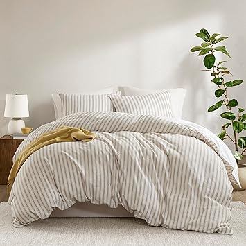 Madison Park Duvet Cover Set for Hot Sleepers - Linen Cotton Rayon Blend, Queen Size 3 Piece Set with Shams - Lightweight & Breathable Bedding, Tan Striped Design