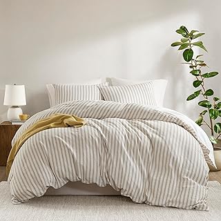 Madison Park Cooling Duvet Cover Set for Hot Sleepers - Linen Cotton Rayon Blend, King Size 3 Piece Set with Shams - Lightweight & Breathable Bedding, Tan Striped Design