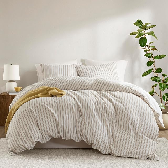 Madison Park Madison Park Striped Duvet Cover Set Queen, Linen Cotton Rayon Blend, Tan | Soft & Breathable, Cooling Handfeel, 3PC All-Season Comfort Duvet Cover and Pillowcase Set with Corner Ties & Button, Tan, Queen