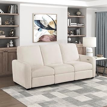 Lexicon Modern Power Double Recliner Sofa with One-Touch Control and Charging Ports, Chenille Home Theater Seating, Wall-Hugger Power Reclining Sofa for Living Room, Bedroom, Easy Assembly, Beige