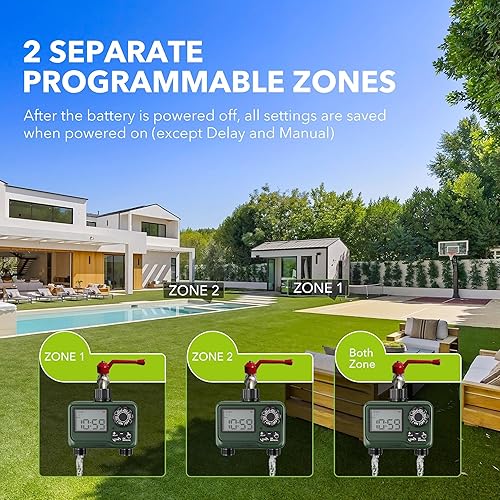 Miniatura 4 de BN-LINK Temporizador de rociadores para exteriores, temporizador de agua programable de 2 zonas con retardo de lluvia, sistema de riego automático