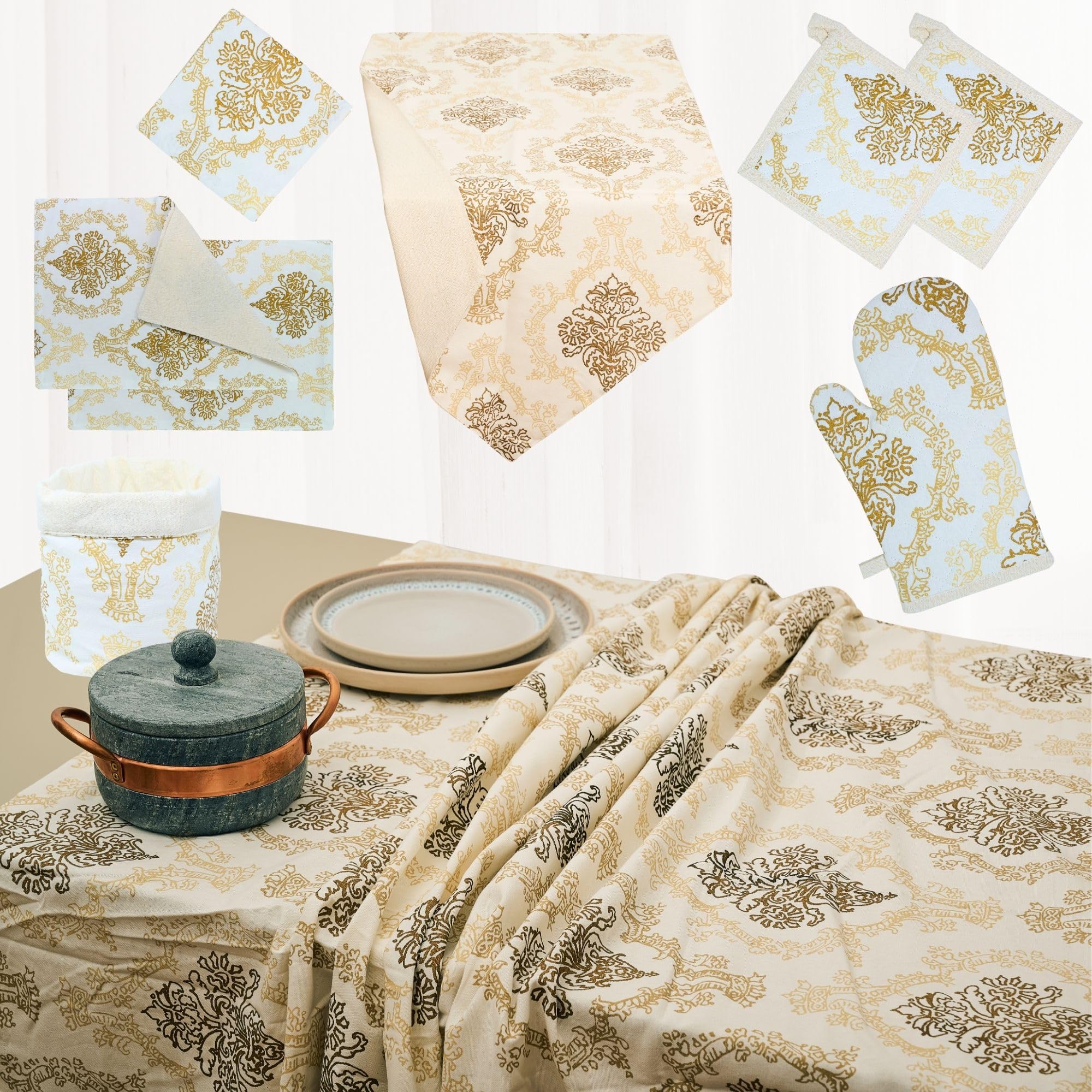 NAMAI - Set 9 Pezzi Danubio Blu Lurex, 100% Cotone, Lavabili in Lavatrice, Resistenti al Calore, Tovaglia Cotone 140x180, Runner Tavolo, Set Presine da Cucina e Strofinacci (Set Con Tovaglia 140x180)
