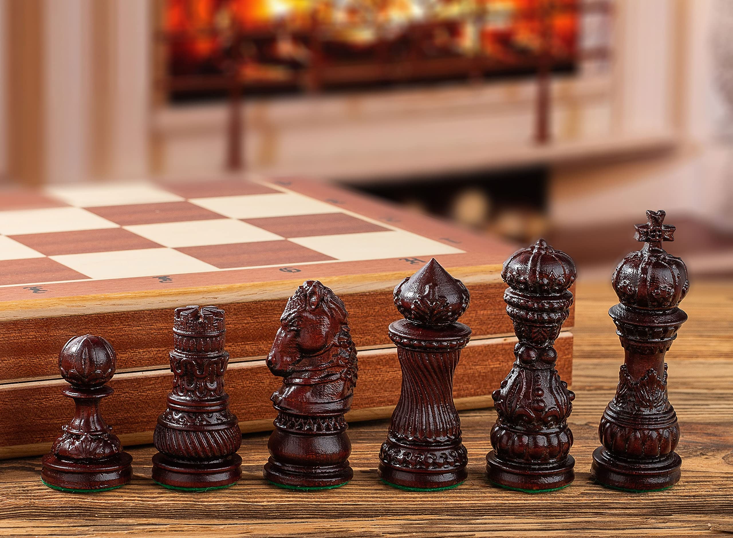 Master of Chess Houten Schaakbord Salvator 60 cm - Handgesneden Draagbaar Schaakbord - Grote Opvouwbare Schaaksets voor Kinderen en Volwassenen