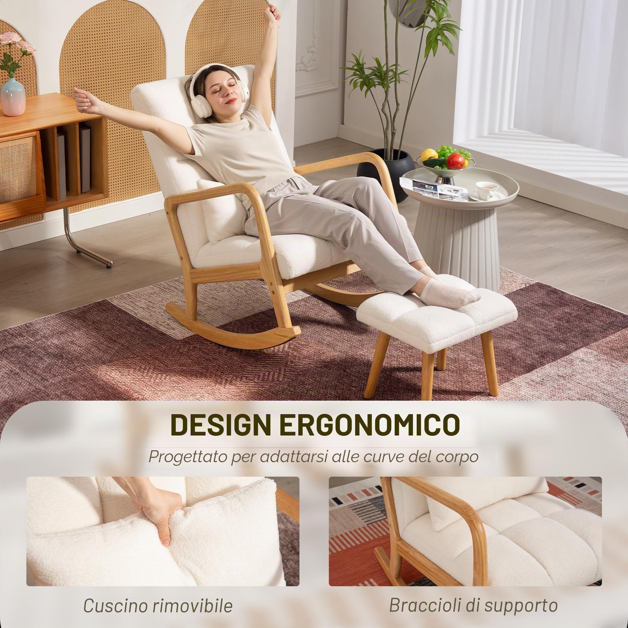 HOMCOM Sedia a dondolo con poggiapiedi, seduta ampia, gambe legno Bianco