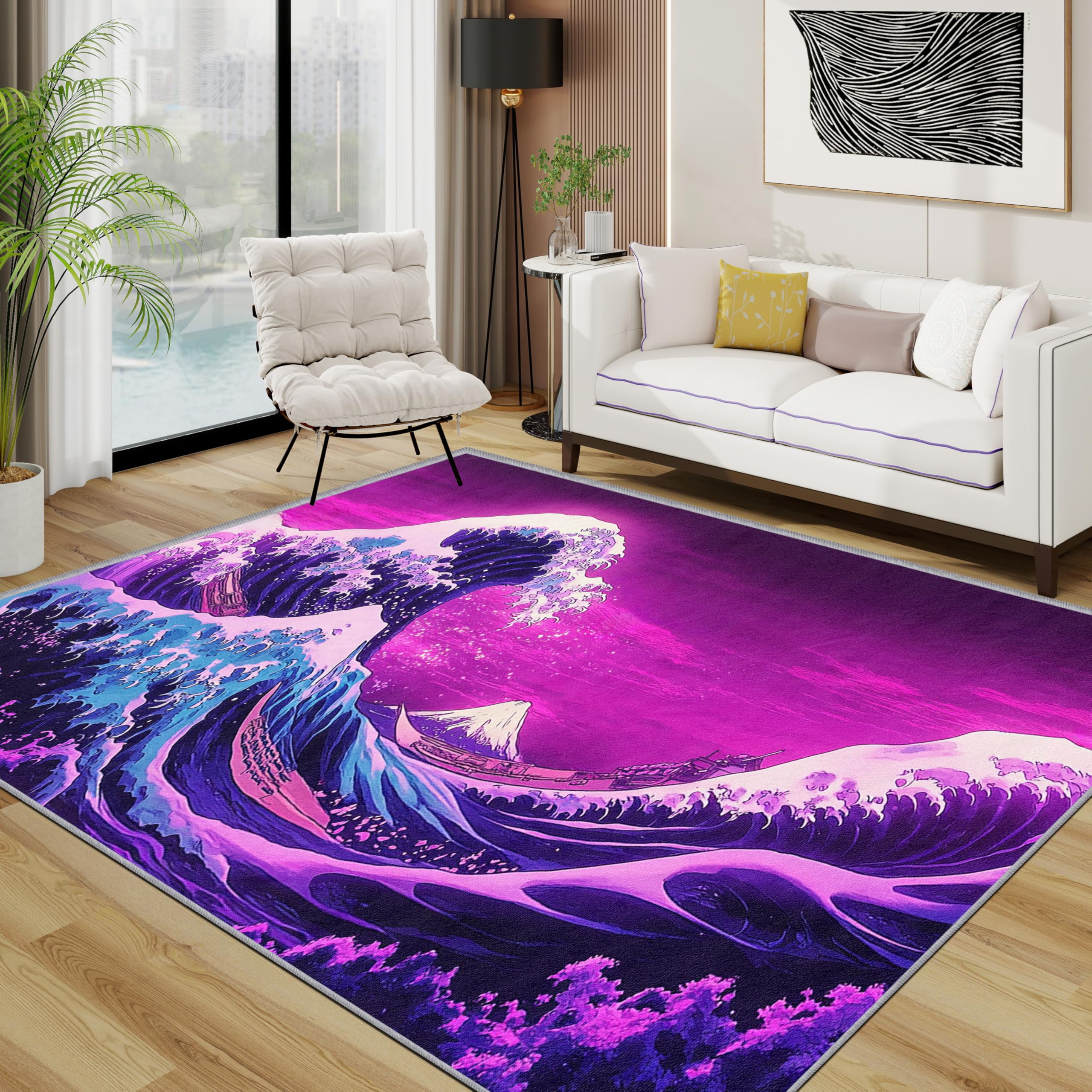 Japanese Rug - The Great Wave off Kanagawa Small Rugs for Bedroom 60x90, Ukiyo-E Ocean Wave Floor Mat Soft Washable Non Slip Indoor Mats, Japanese Room Decor