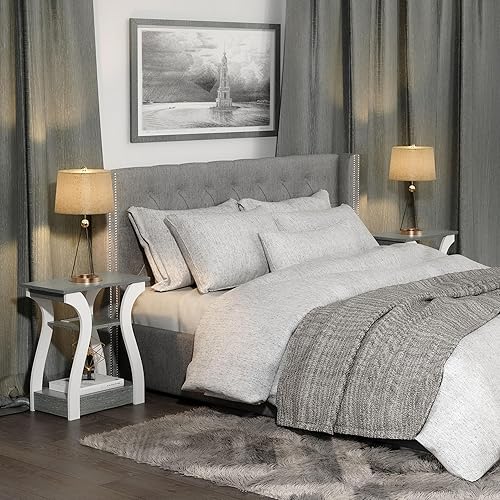 Miniatura 5 de Juego de 2 mesas auxiliares, mesa auxiliar con estación de carga, puertos USB y tomacorrientes, mesita de noche de 3 niveles, mesa de sofá para