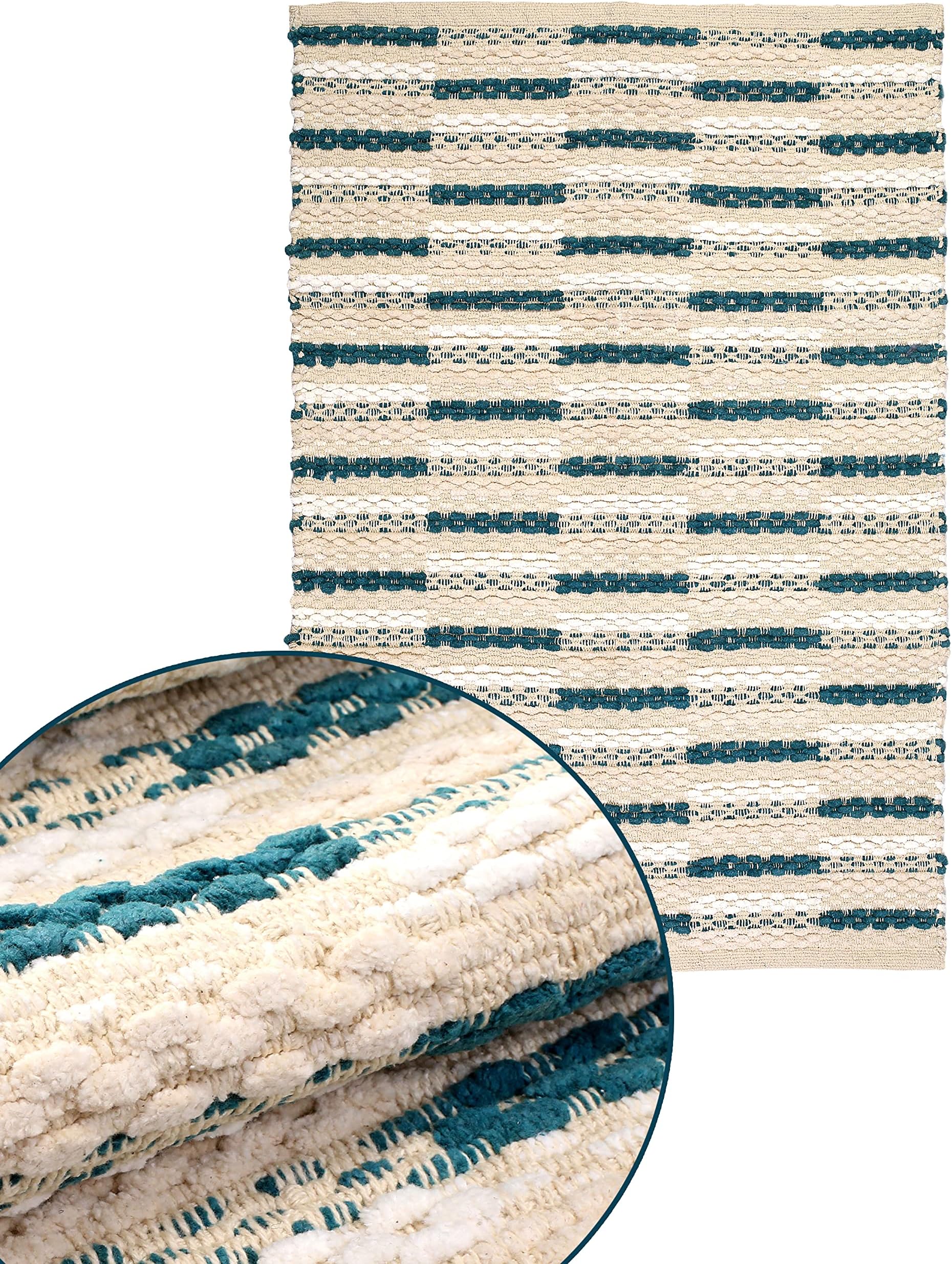 Farmhouse Cotton Woven Area Rug - 24x36 inch Teal, Perfect for Bedroom, Living Room, Kitchen, Entryway