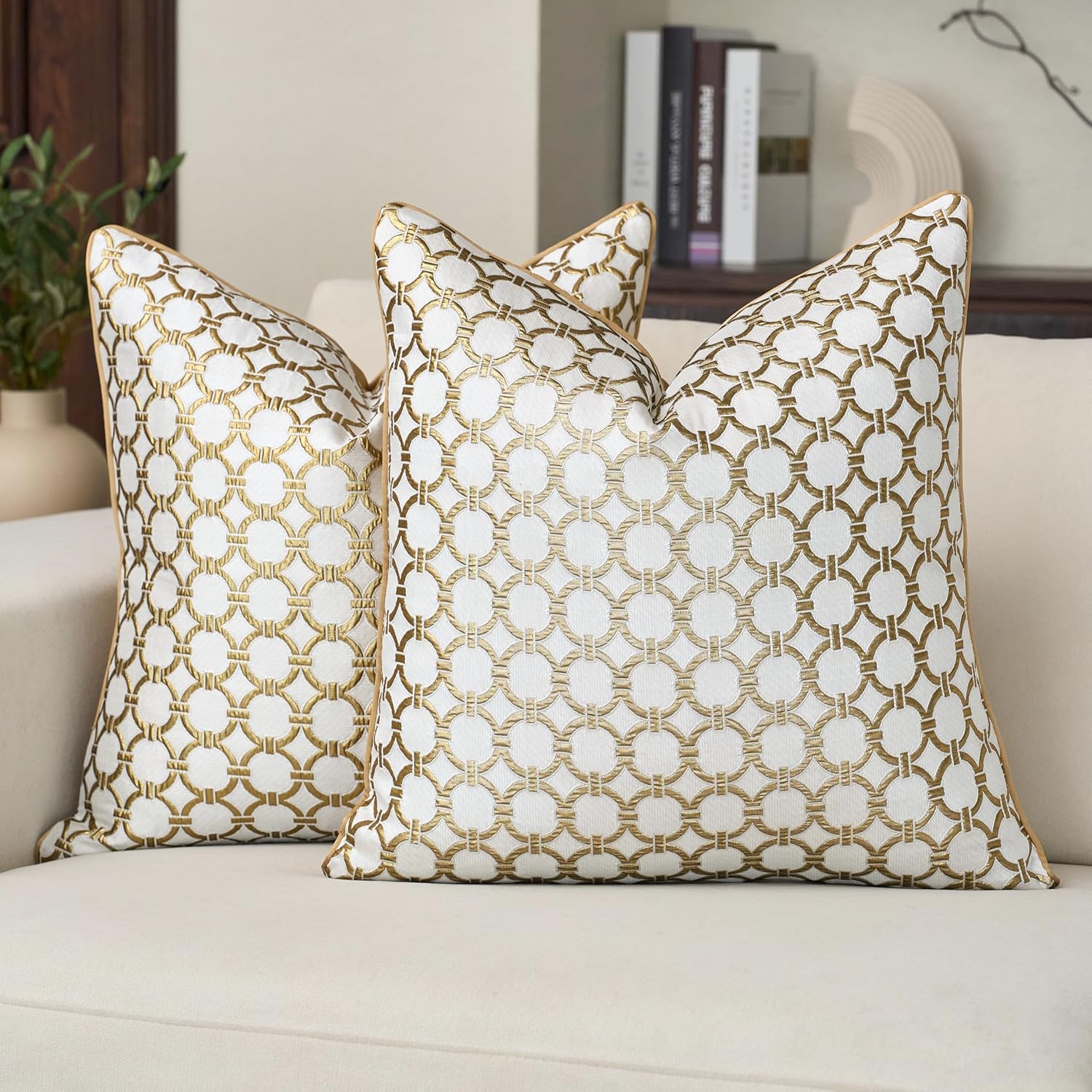 Mid Century Modern Throw Pillow Covers 22x22 Inches Set of 2 Textured Jacquard Circular Pattern Decorative Accent Pillows Covers for Bed, Sofa, Couch, and Home Decor - Ivory Gold (No Insert)
