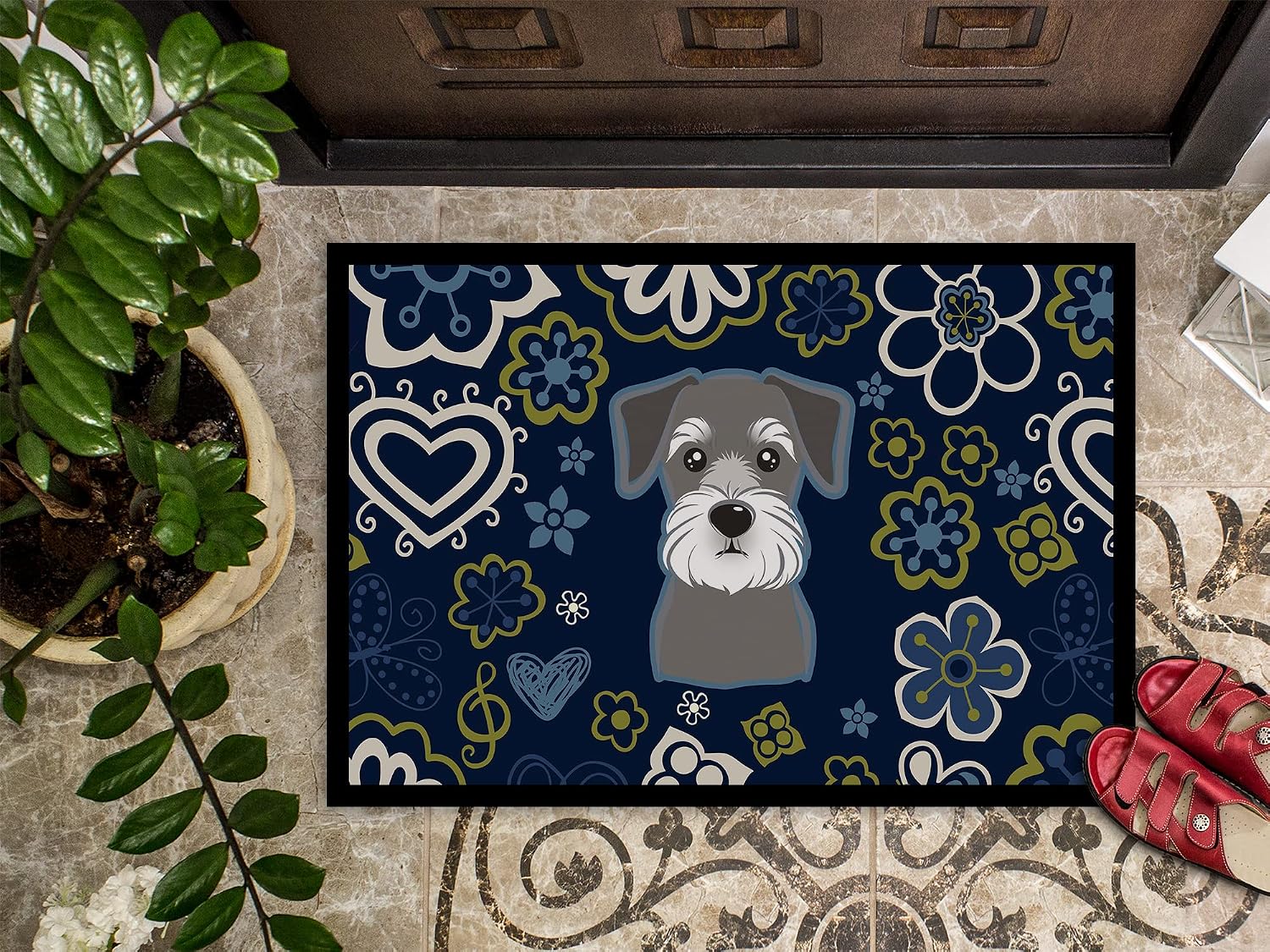 Caroline's Treasures BB5057JMAT Blue Flowers Schnauzer Doormat 24x36 Front Door Mat Indoor Outdoor Rugs for Entryway, Non Slip Washable Low Pile, 24H X 36W