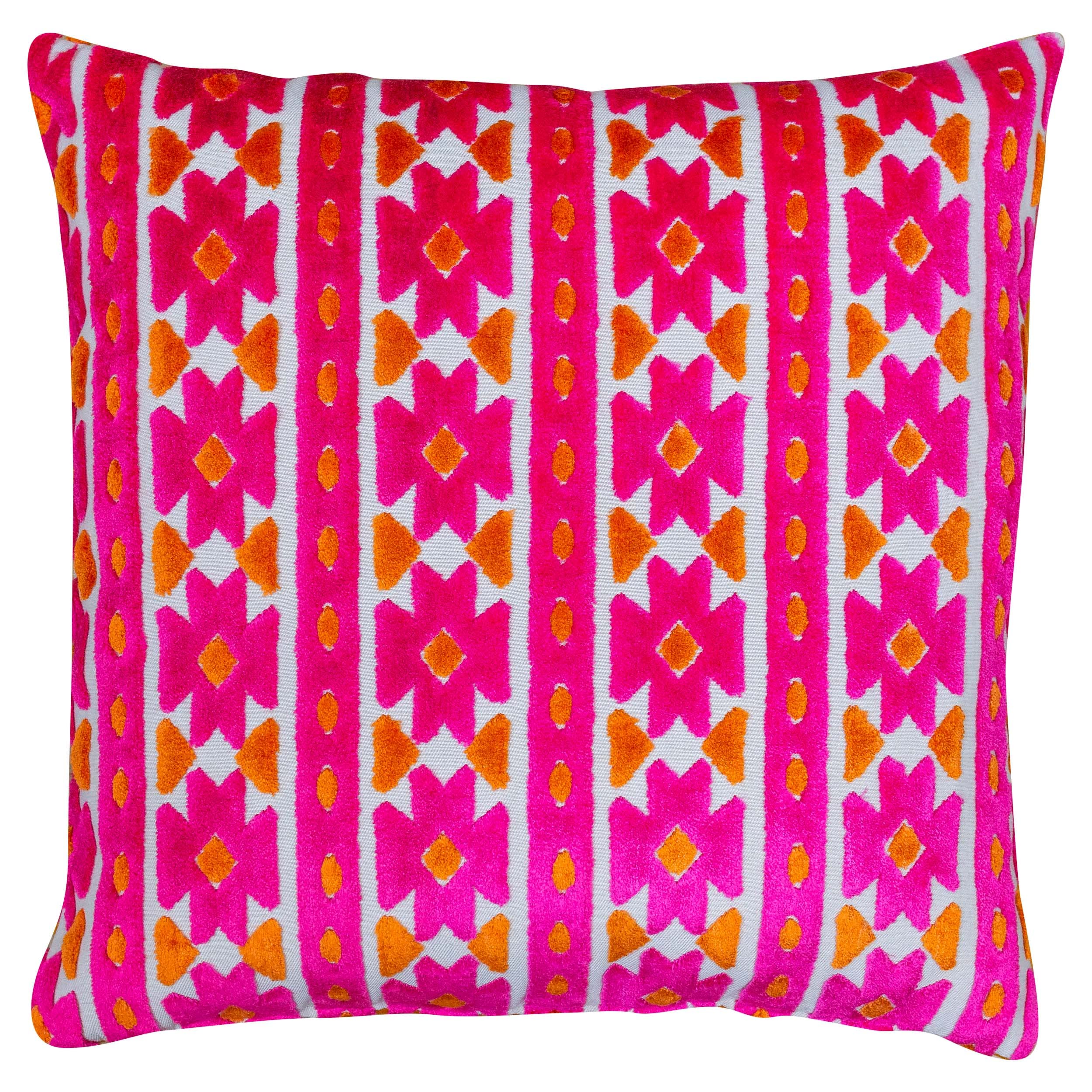Linen Loft Pink, Orange Kashan Geometric Cut Velvet Cushion Cover. Bright Pink & Burnt Orange Triangular Geometric Pattern. 17X17' Square. Cushion Cover Only