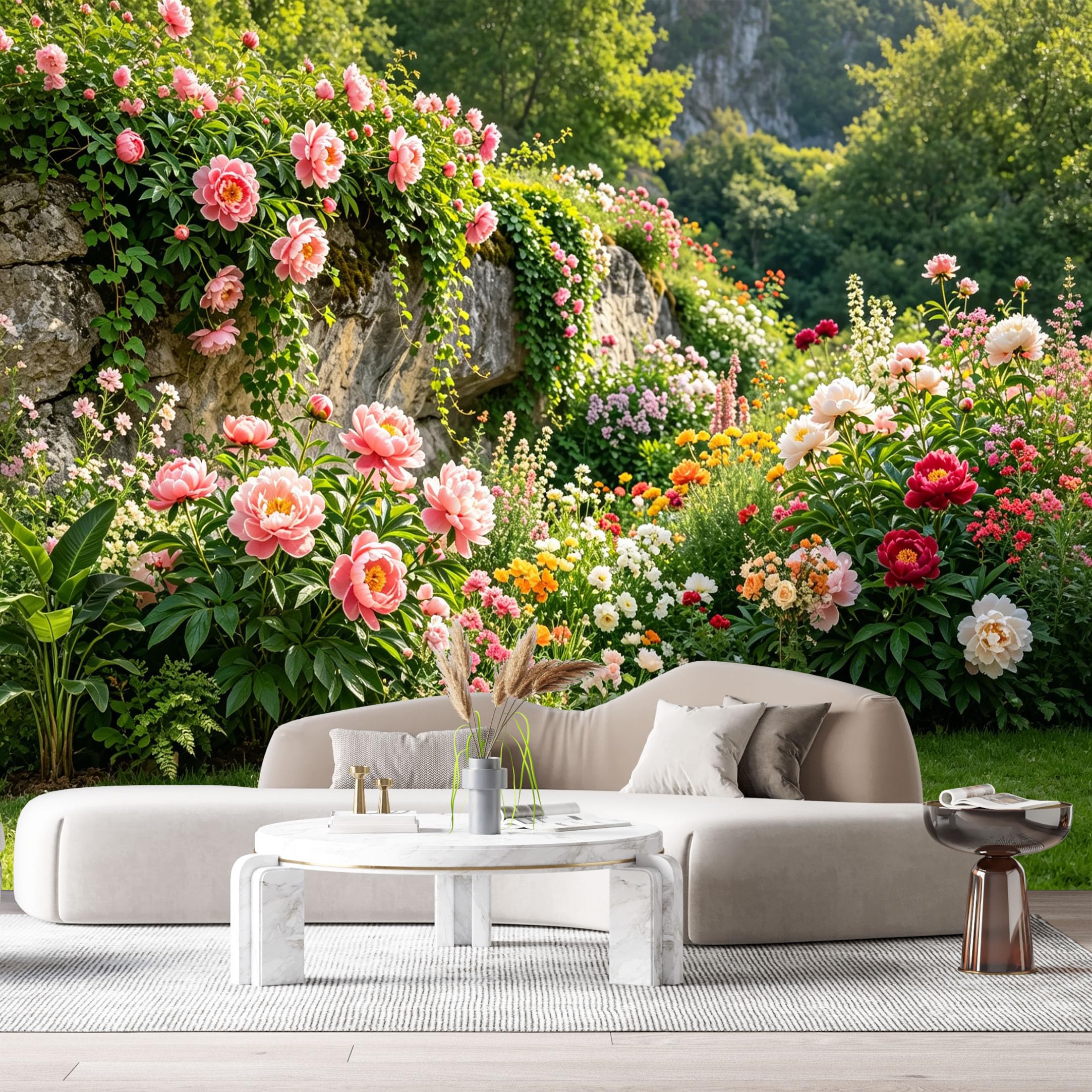 Custom Size Wall Murals Botanical Peony Flower Rockery Landscape Watercolor SelfAdhesive Wall Fabric Removable Large Wallpaper for Photo Living Room