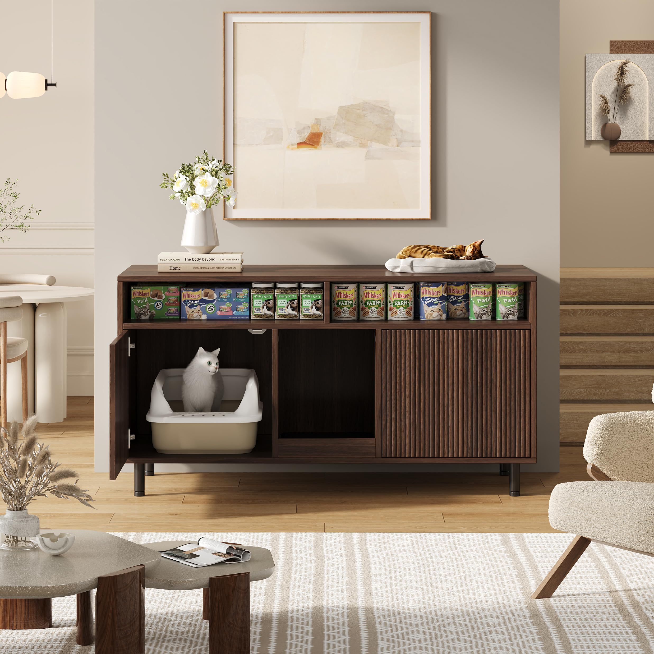 Katzentoiletten-Schrank/Katzenstreuwanne-Schrank mit Sandauffangmatte, Haustier-Schrank mit Ablage, Haustier-Sideboard/TV-Schrank, ohne Katzenstreuwanne, 120x50x66cm, Nussbaumfarbe