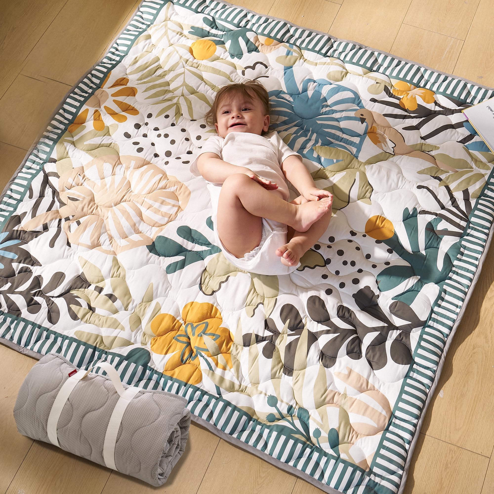 Momcozy Tappeto Gioco Bambini per Pavimento 127 x 127 cm, Tappeto per Box Spesso per Tummy Time, Impermeabile e Antiscivolo, Pieghevole da Esterno con Maniglia, Mondo Foresta