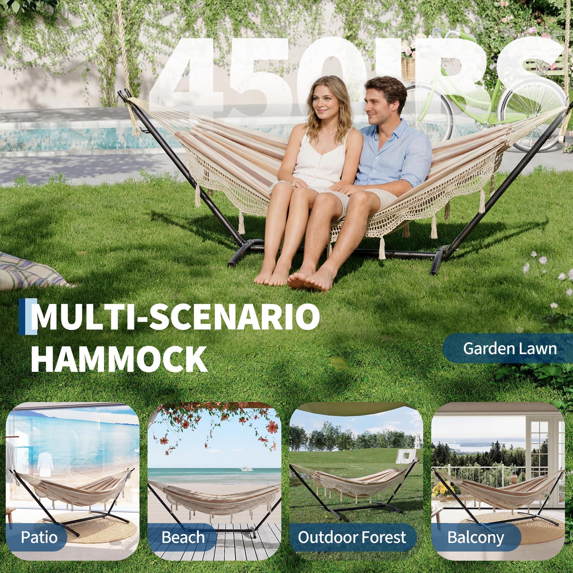 Garvee Hamaca Doble con Soporte de Acero 275cm, Cama de Algodón con Borlas Blancas, Diseño de Rayas Amarillas y Blancas, Capacidad 205kg, Hamaca Portátil y Resistente para Jardín, Terraza y Camping